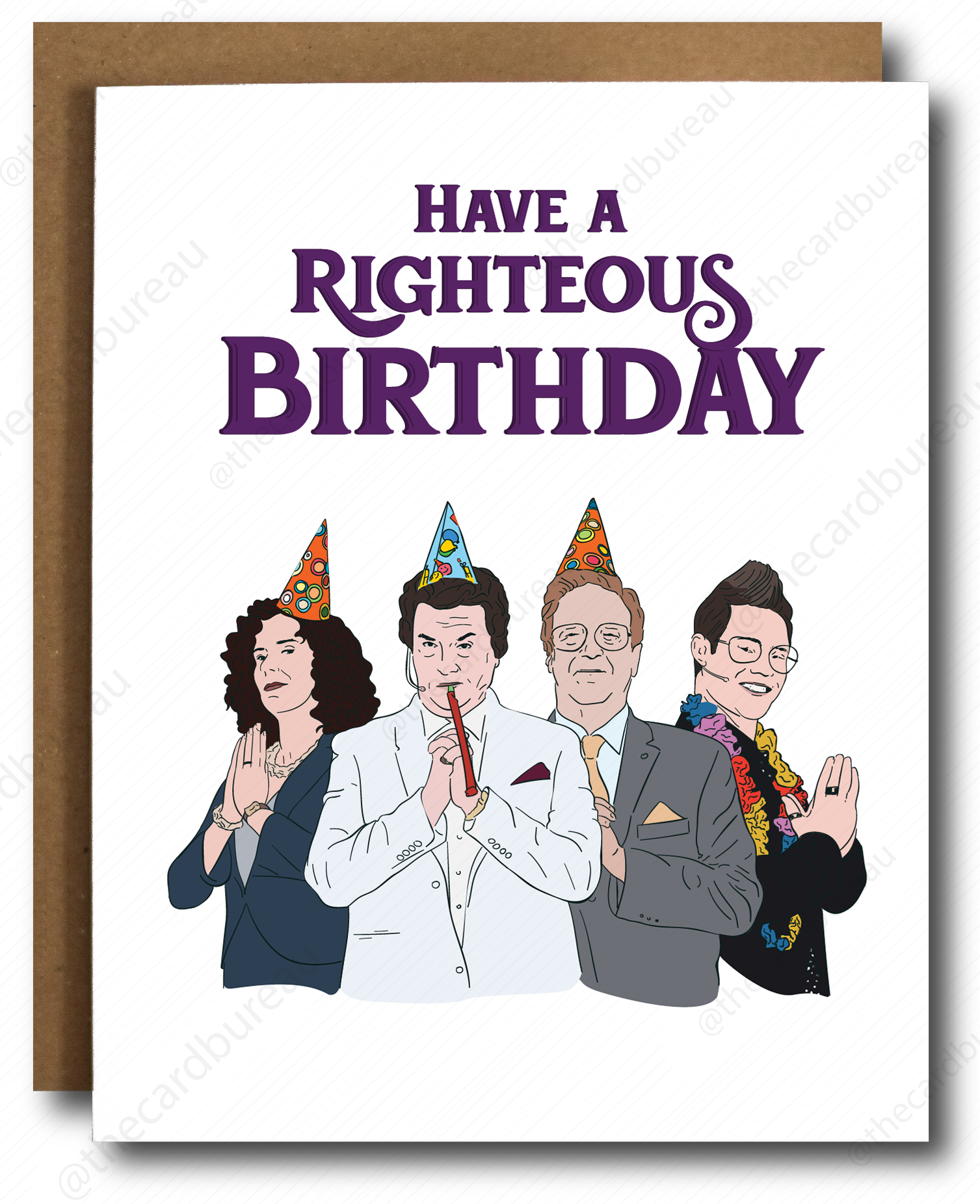 Righteous Gemstones Birthday Card featuring a humorous design with a blank interior and a recycled Kraft envelope.