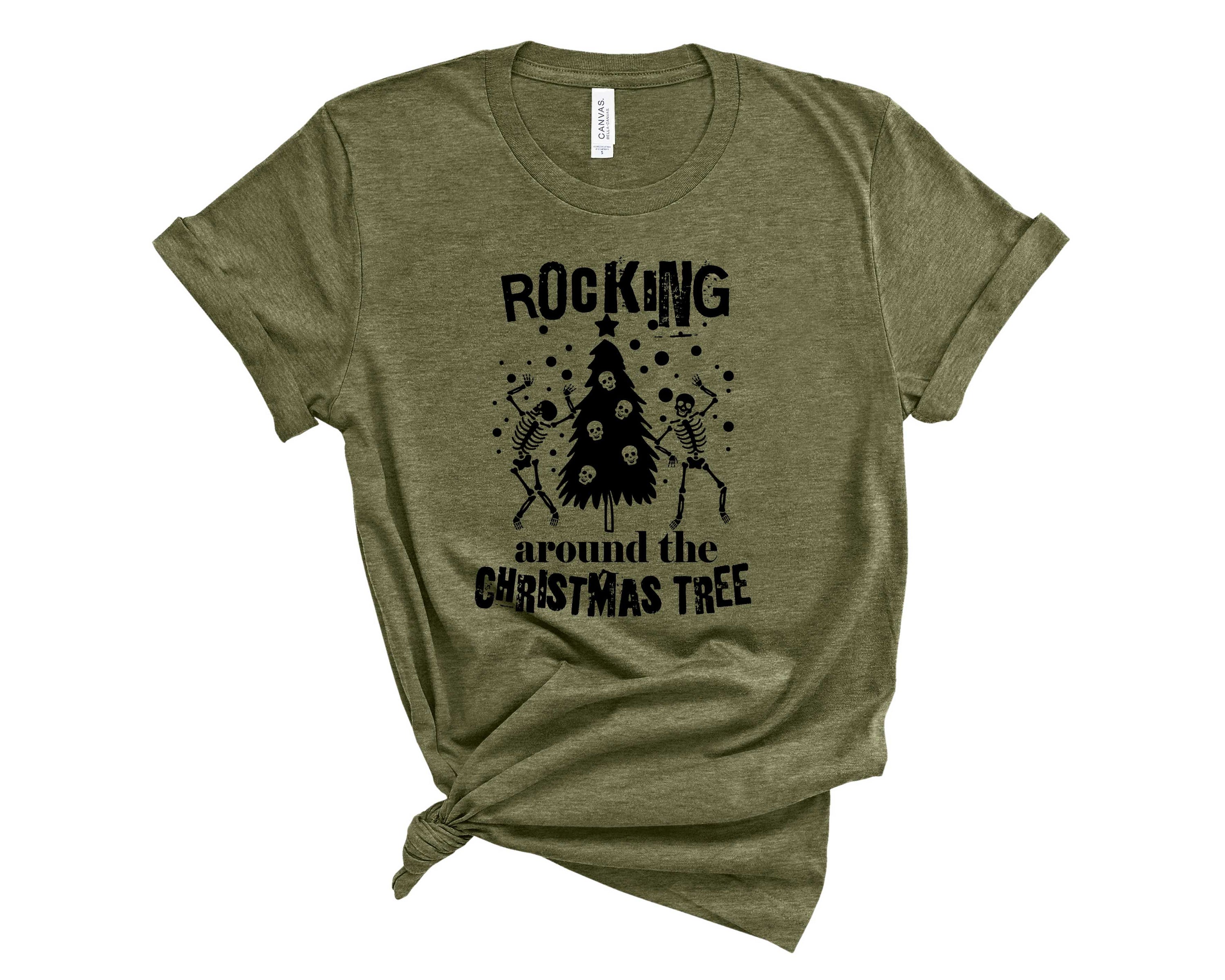 Unisex Rocking Around the Christmas Tree graphic tee featuring a colorful holiday design.