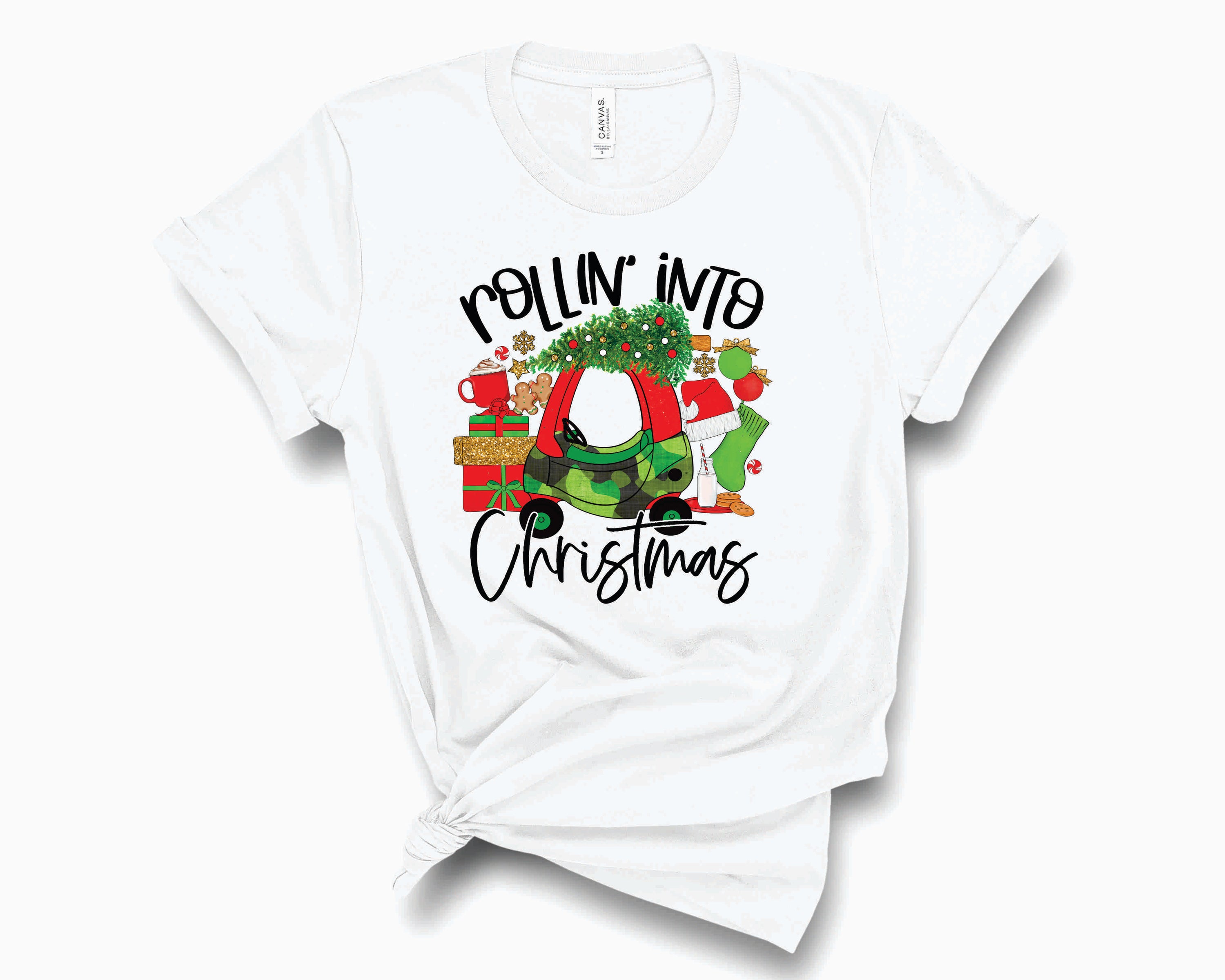 A festive kids graphic tee featuring a camo pattern and a Christmas car design, perfect for holiday celebrations.