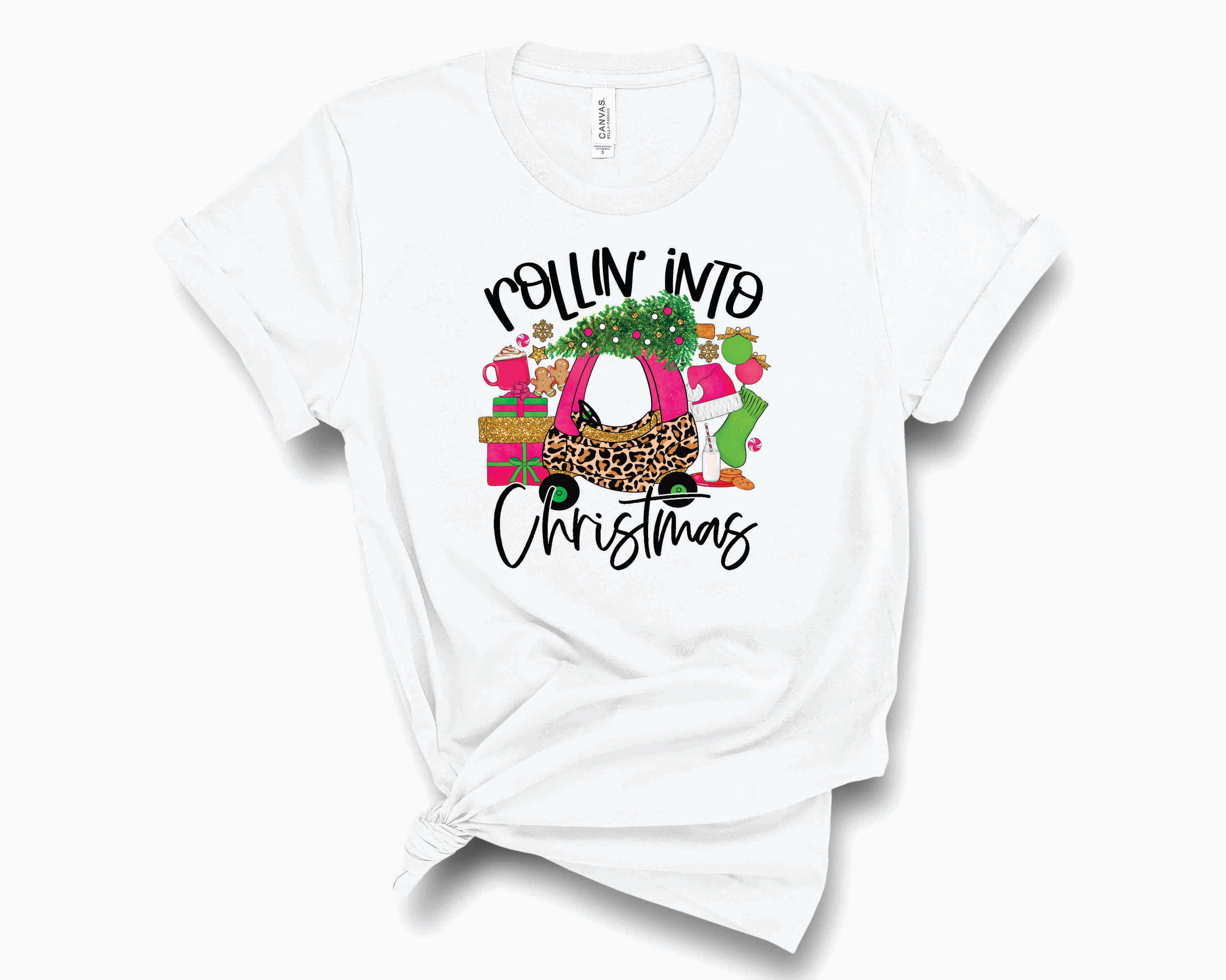 A vibrant pink unisex graphic tee featuring a playful leopard print design, perfect for kids during the Christmas season.