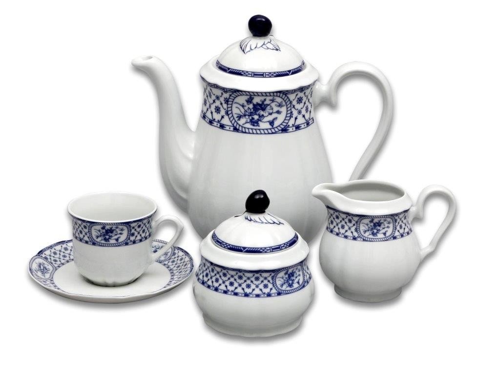 Elegant Rose Coffee Set in Blue featuring cups, saucers, coffee pot, sugar bowl, and milk pot.