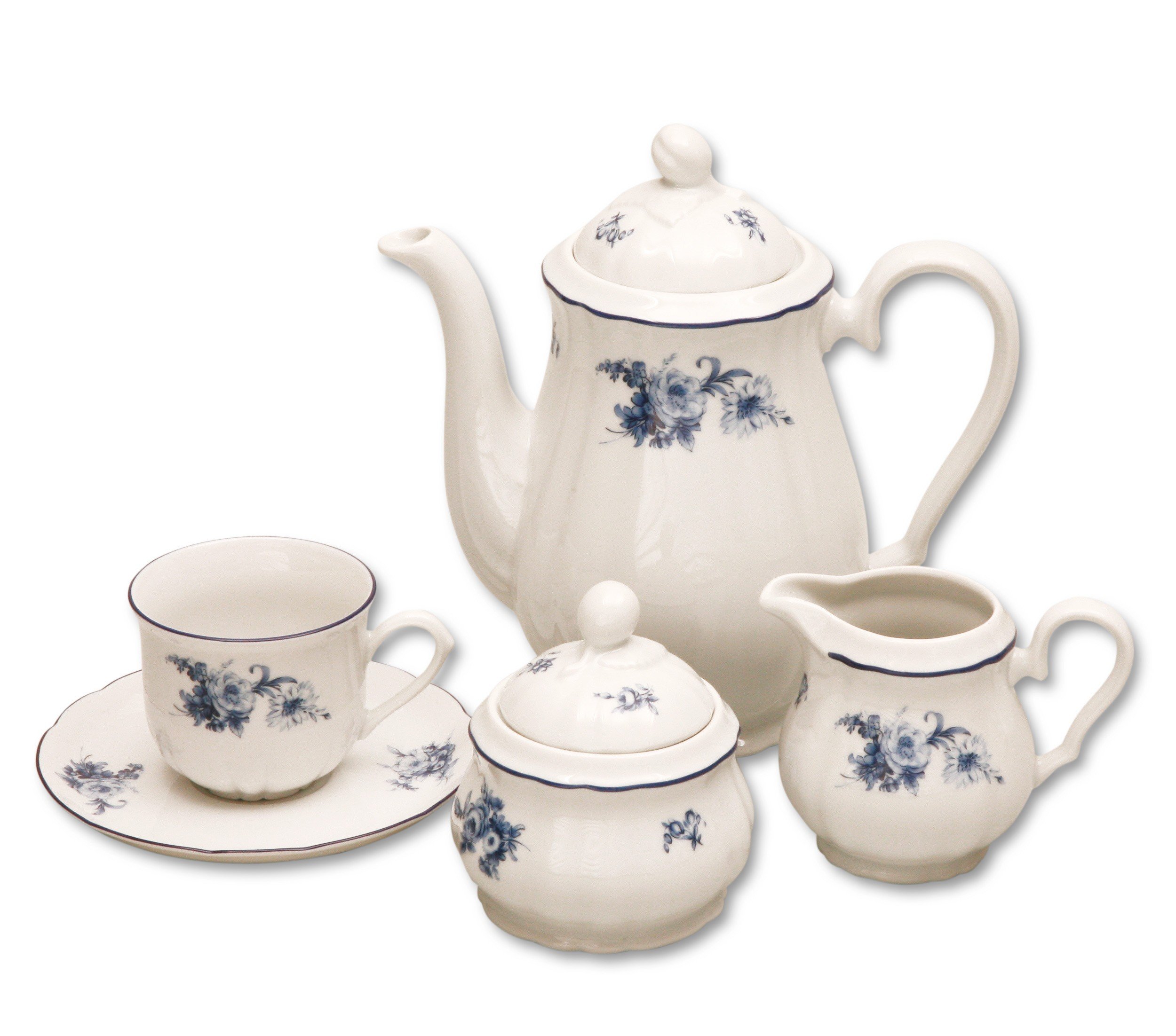 Elegant Rose Coffee Set featuring cups, saucers, coffee pot, sugar bowl, and milk pot with delicate rose patterns.