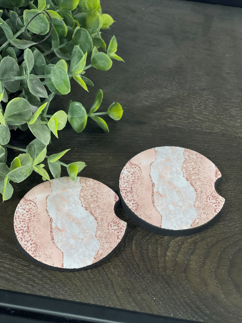 Rose Gold Leopard Geode Car Coaster Set featuring a stylish leopard print design in rose gold, made of durable neoprene material.