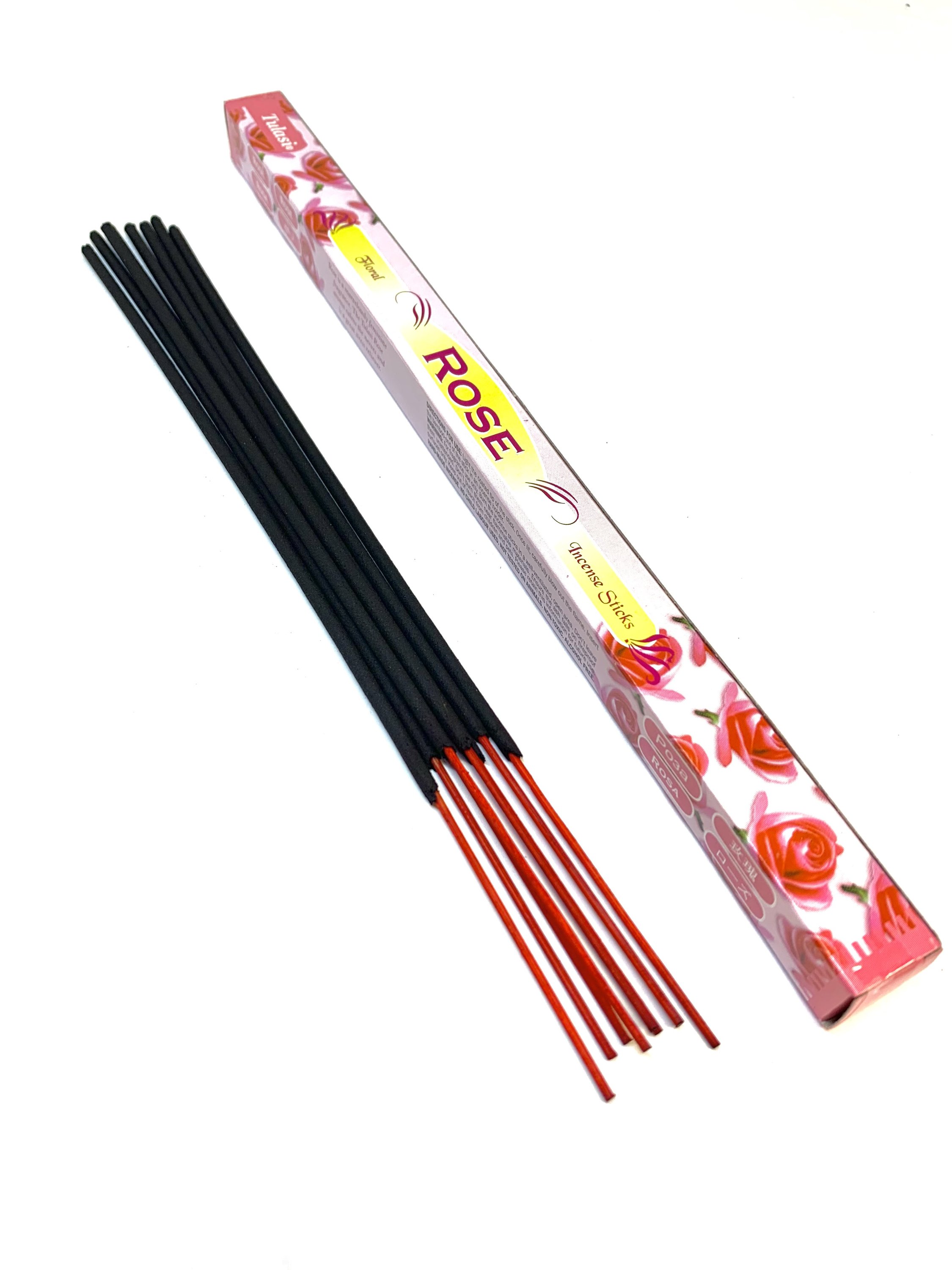 A pack of 8 Rose Incense Sticks with a feminine floral fragrance, ideal for relaxation and stress relief.
