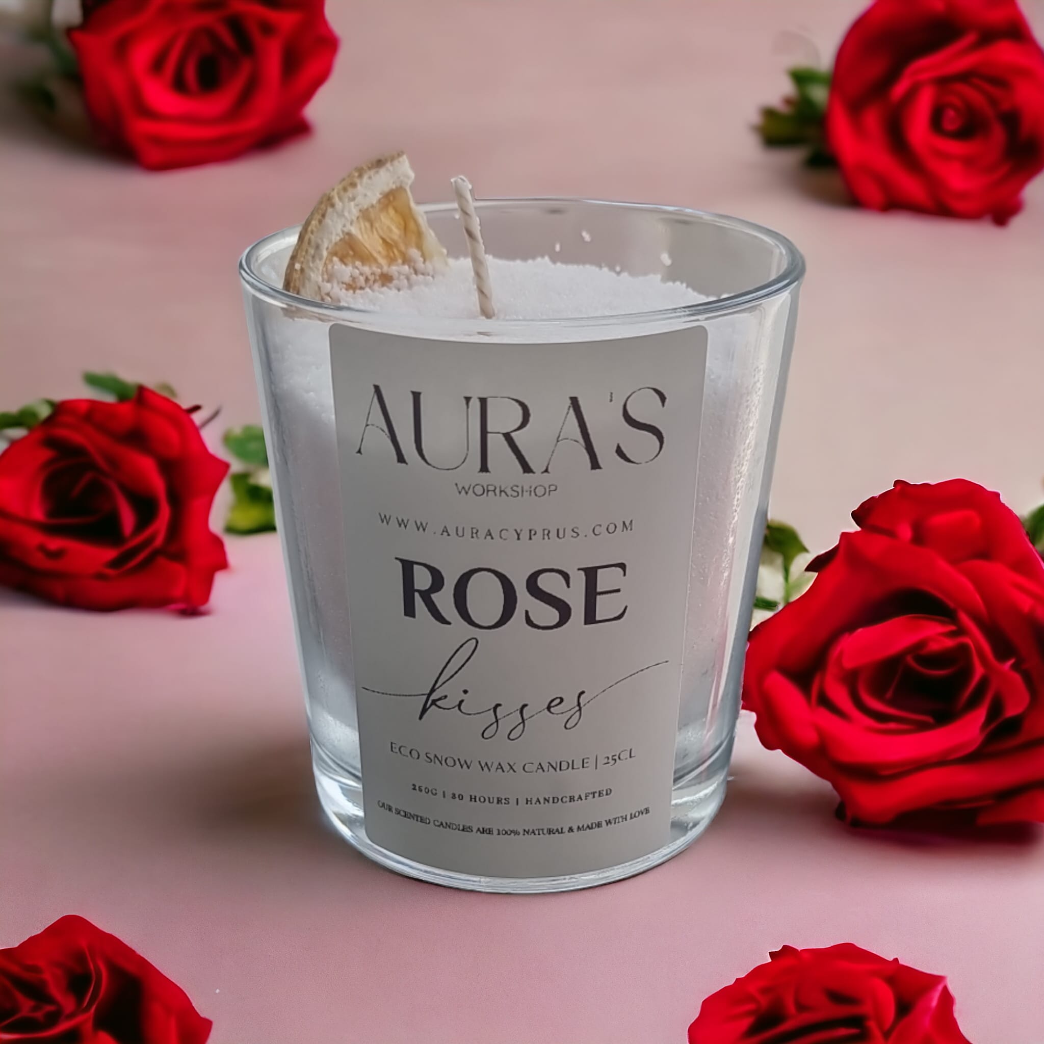 Rose Kisses Scent Eco Snow Candle with elegant floral design and eco-friendly features, perfect for winter ambiance.