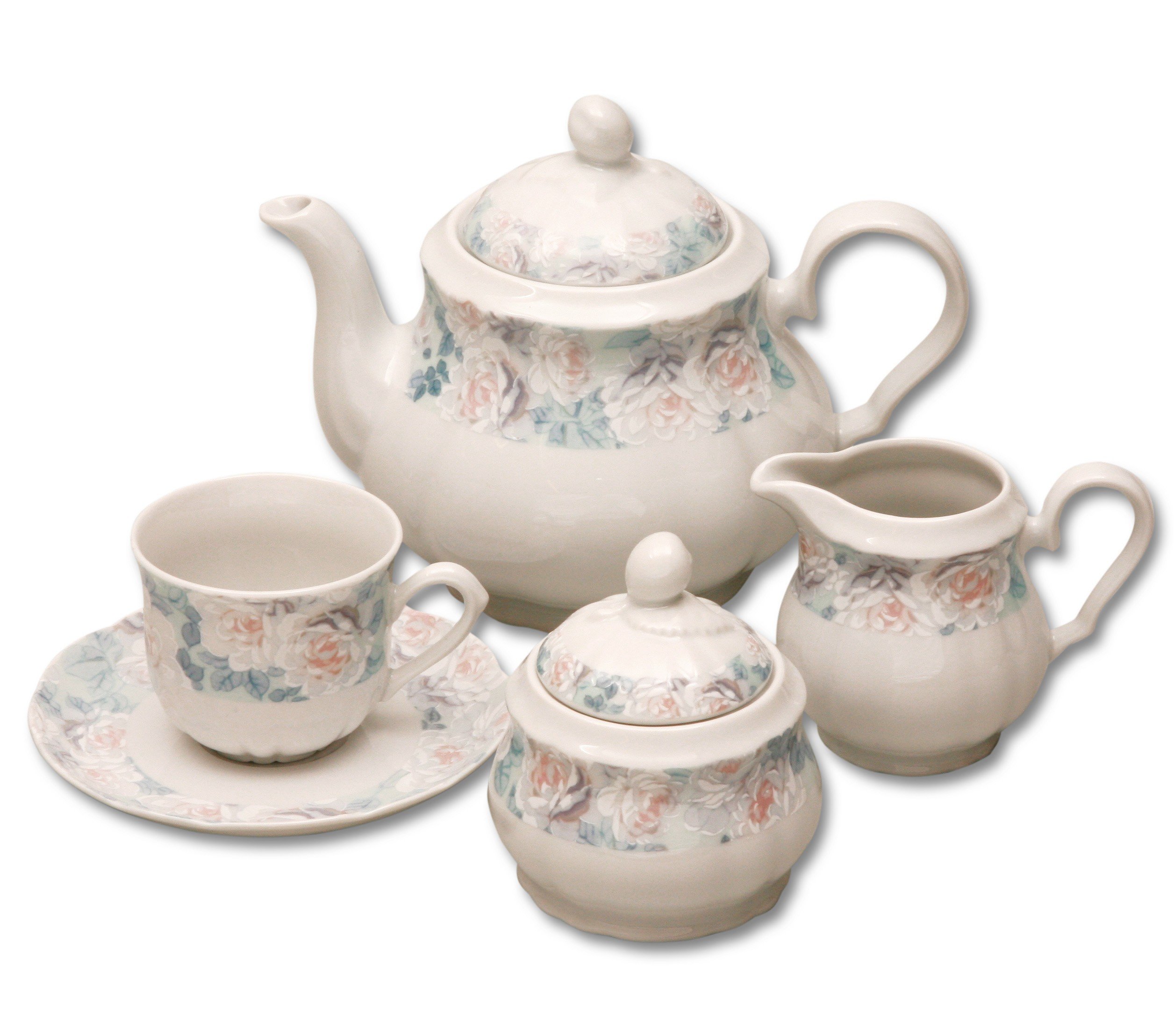 Elegant Rose Tea Set featuring six cups with saucers, a teapot, sugar bowl, and milk pot, beautifully designed with floral patterns.