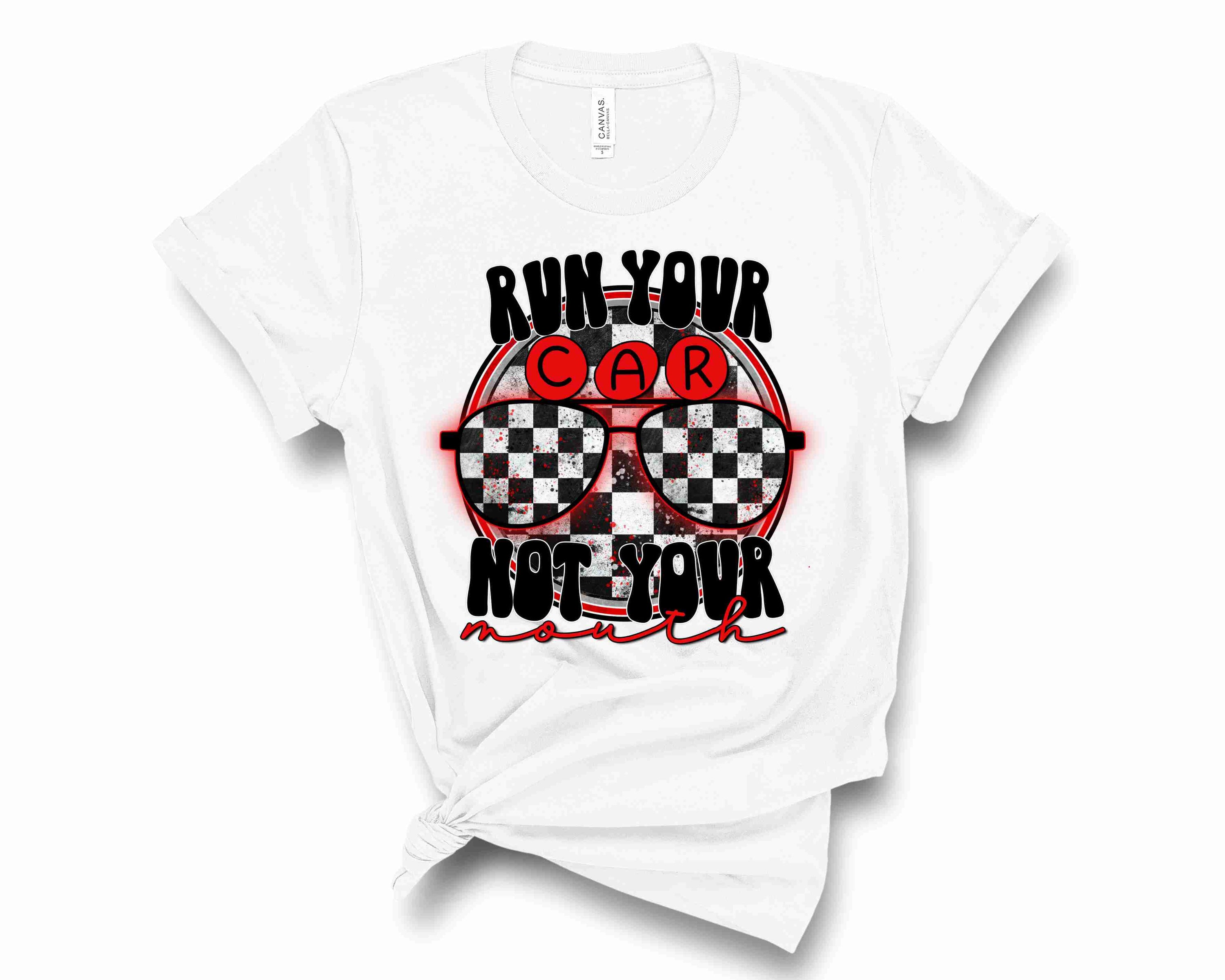 Run Your Car Red graphic tee featuring a vibrant car-themed design on a unisex t-shirt.