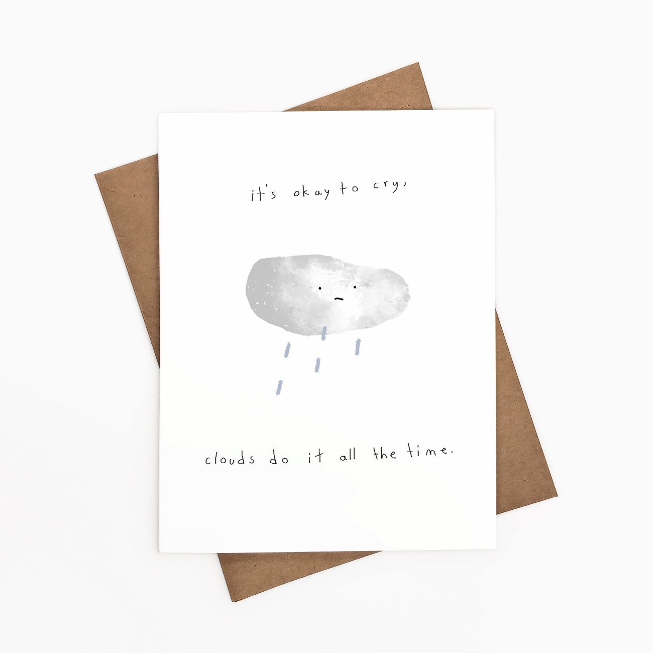 Illustrated card featuring a sad cloud, conveying sympathy and comfort, with a blank back for personal messages.
