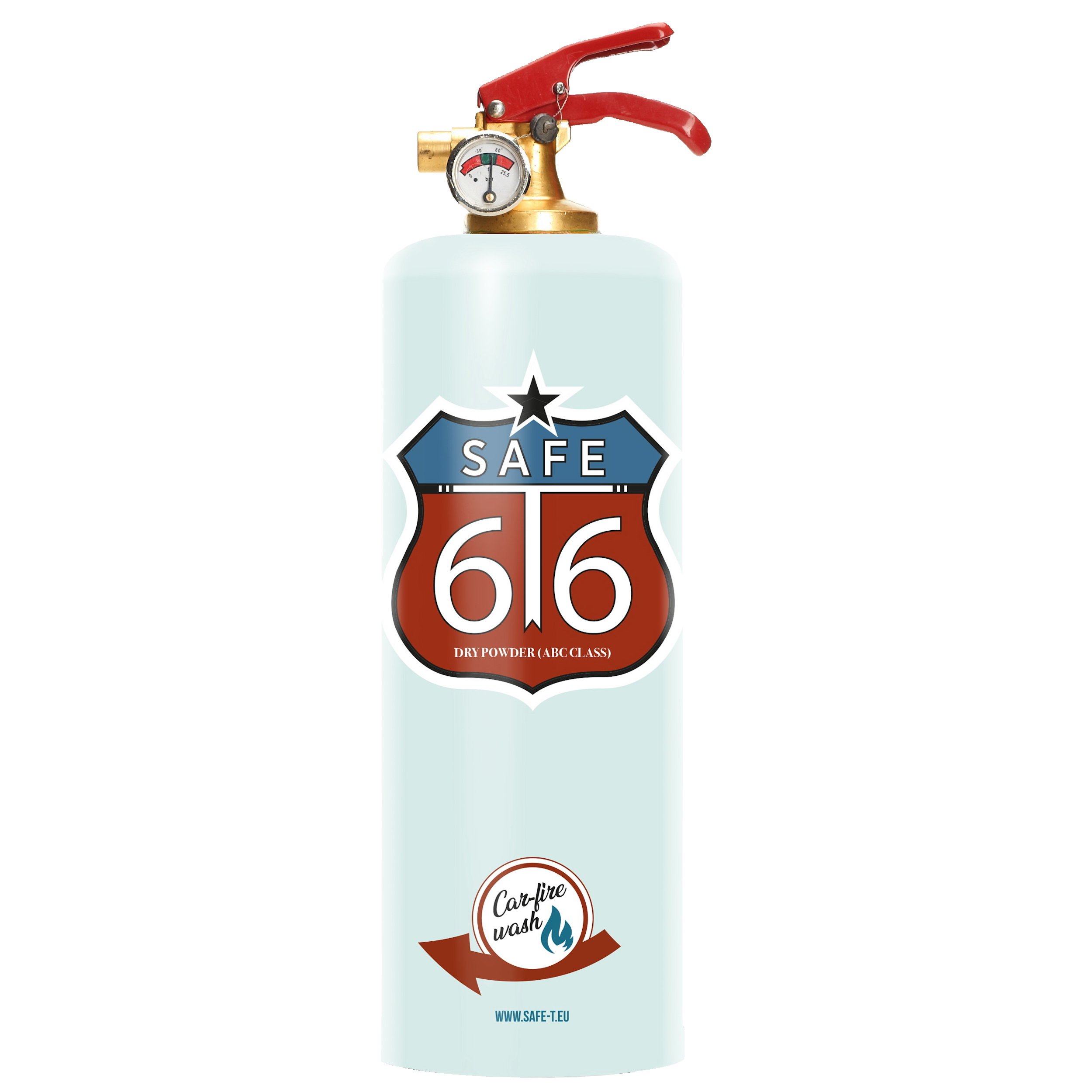 SAFE66 fire extinguisher with elegant design, showcasing its stylish tubular wrapper and compact size.