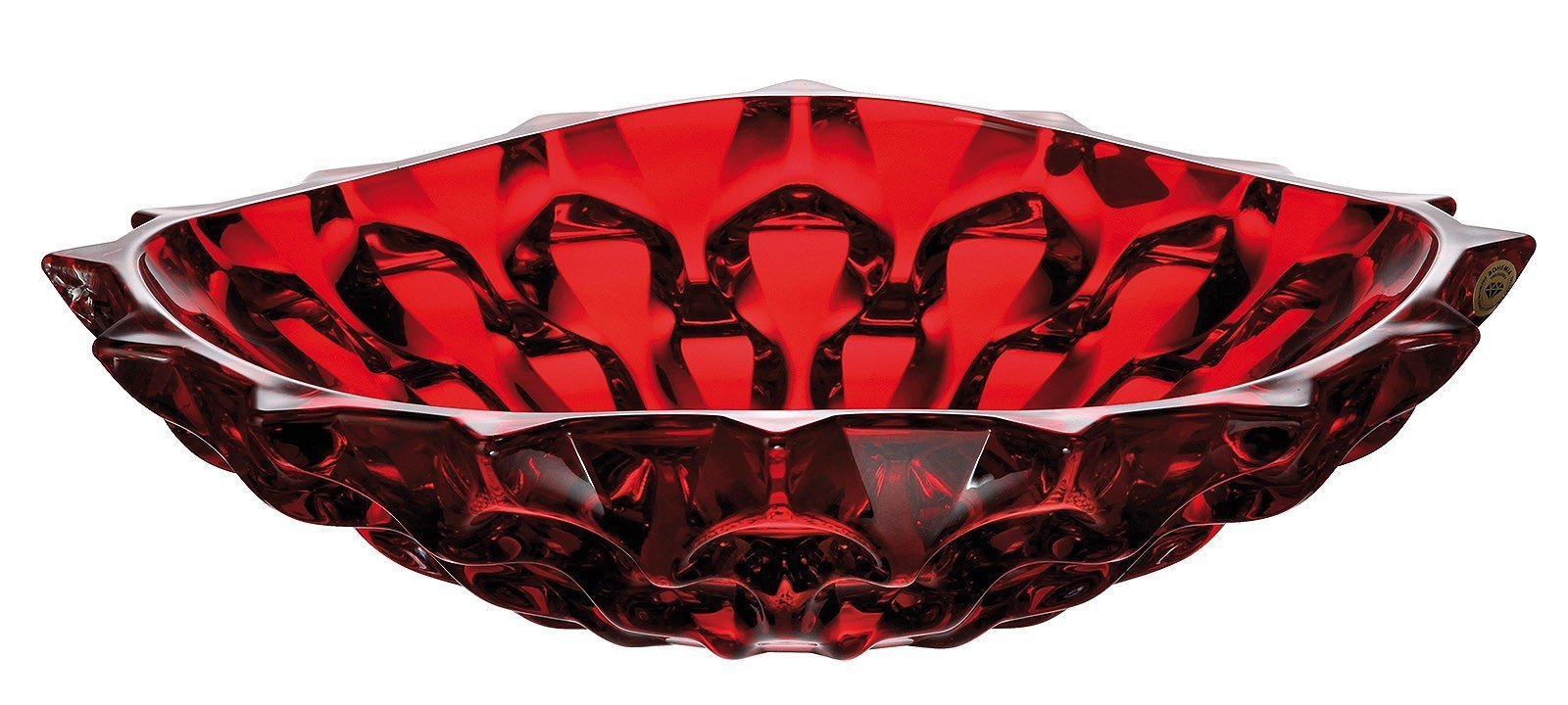 A stunning SAMBA Red Shallow Bowl made of lead-free Czech crystal, showcasing its unique shape and luxurious design.