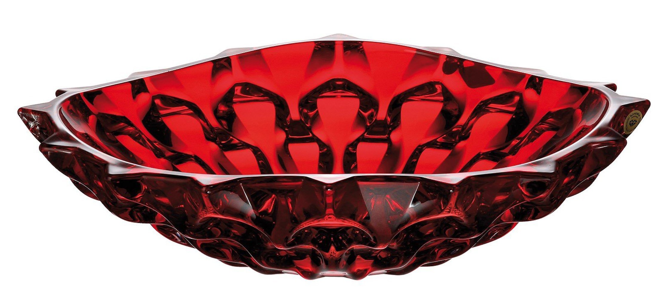 A stunning SAMBA Red Shallow Bowl made of lead-free Czech crystal, showcasing its unique shape and luxurious design.
