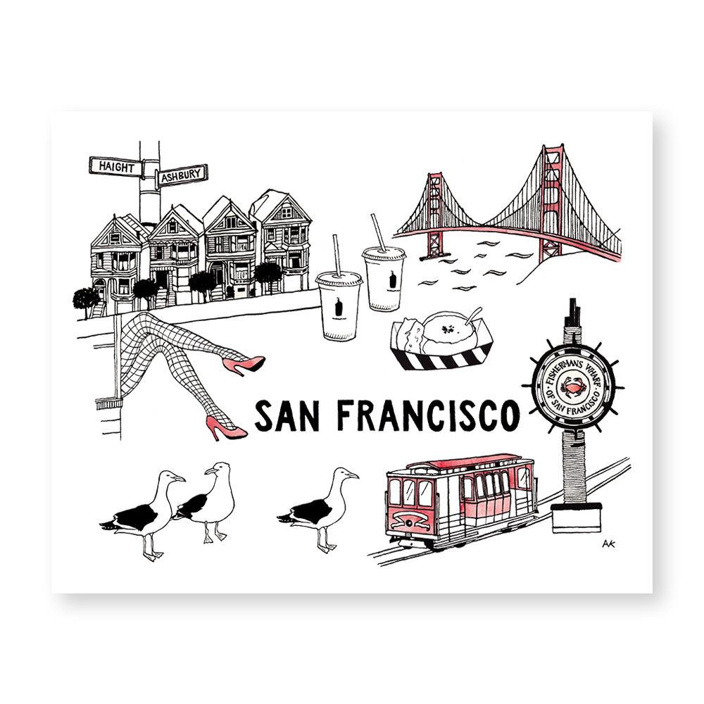 San Francisco Art Print featuring iconic cityscape in vibrant colors, printed on high-quality paper.
