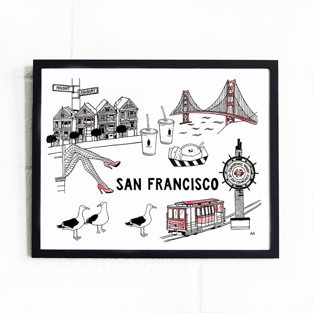 San Francisco Art Print featuring iconic cityscape in vibrant colors, printed on high-quality paper.
