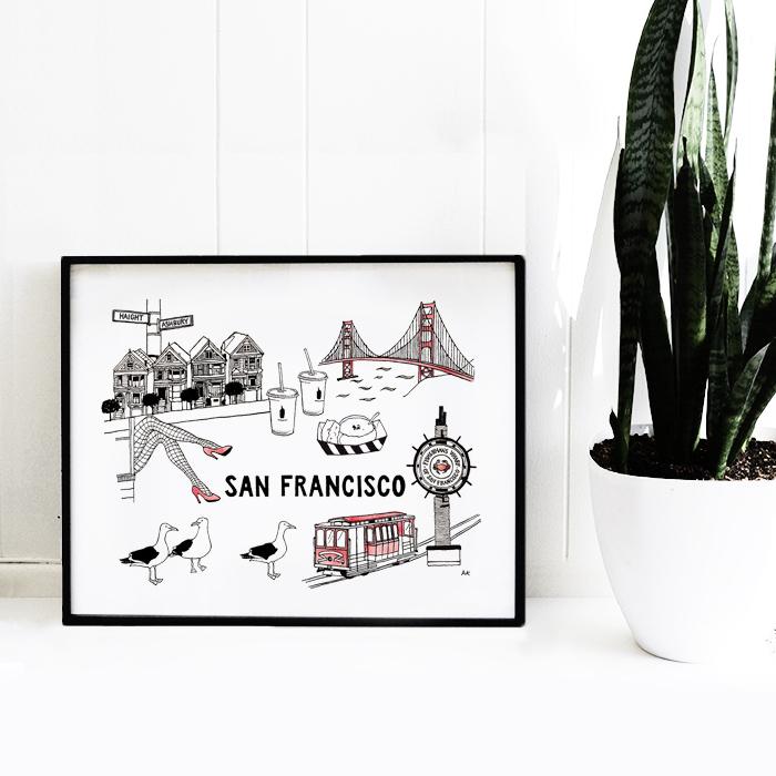 San Francisco Art Print featuring iconic cityscape in vibrant colors, printed on high-quality paper.