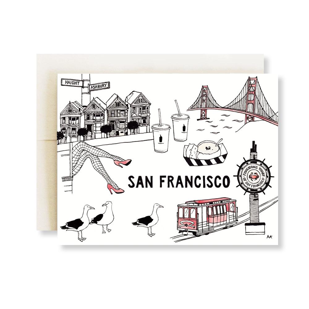 A beautifully illustrated card featuring the iconic San Francisco skyline, printed on recycled paper with a quartz metallic envelope.