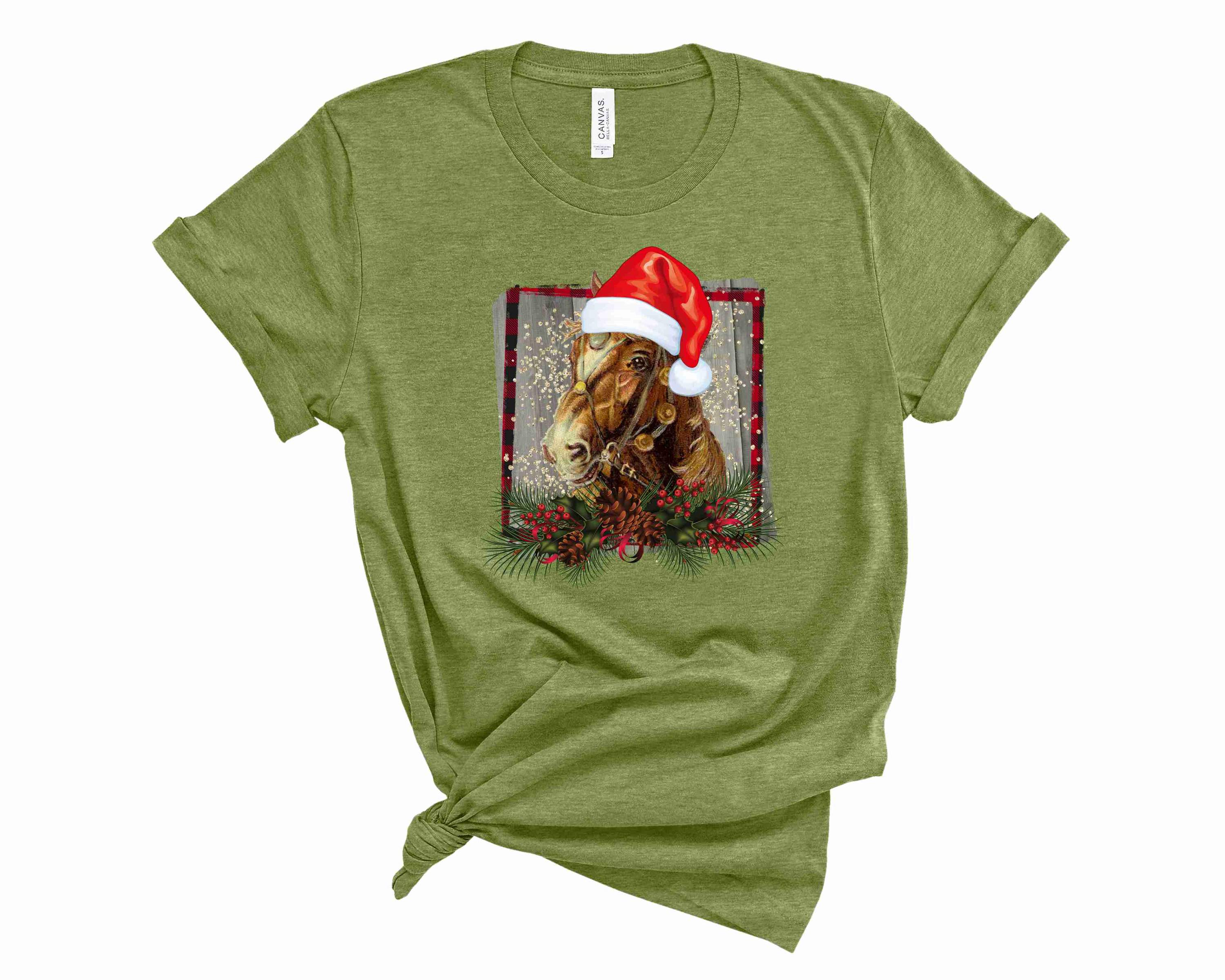 A unisex graphic tee featuring a horse wearing a Santa hat, perfect for holiday celebrations.