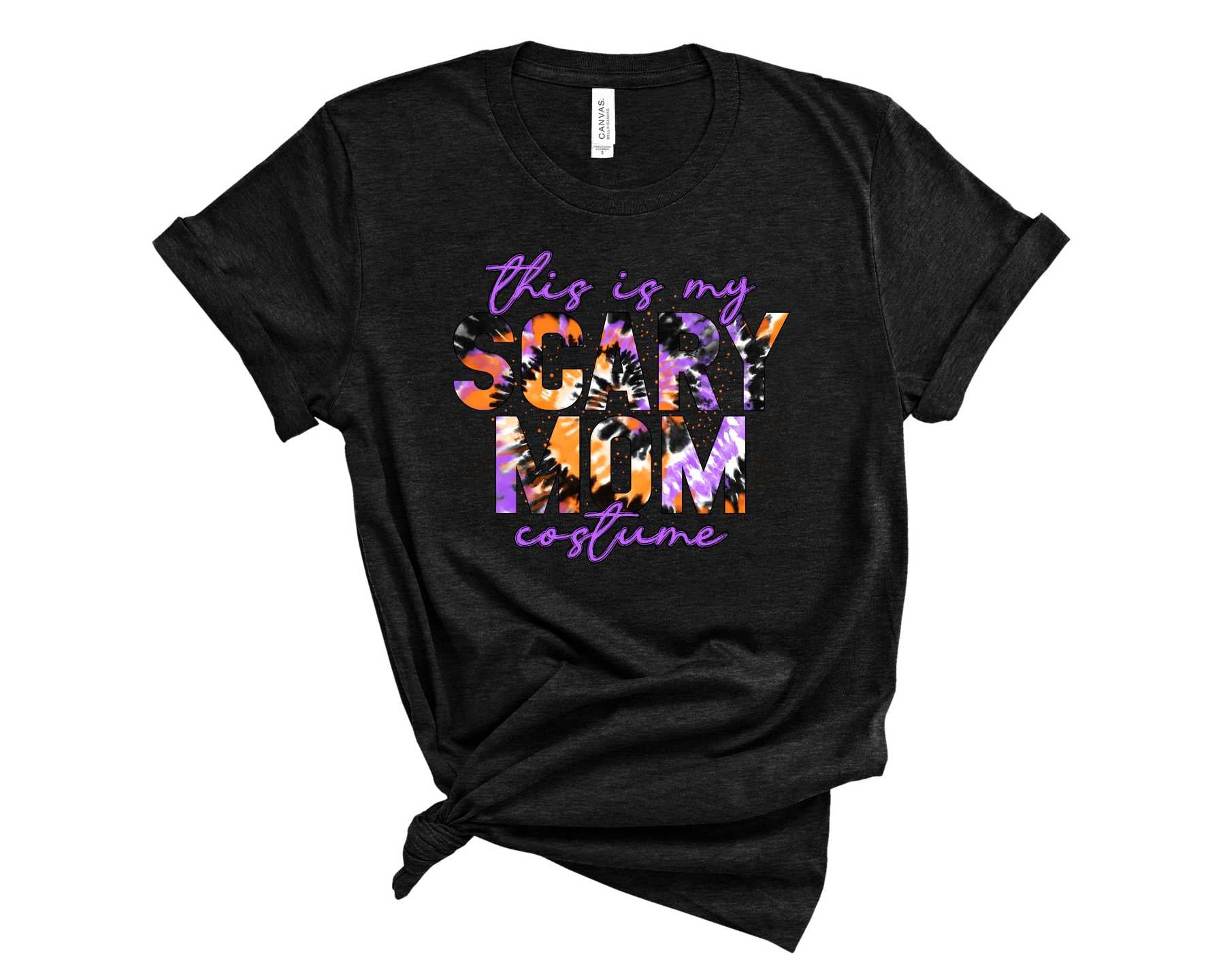 A vibrant tie dye graphic tee featuring a spooky mom design, perfect for Halloween celebrations.