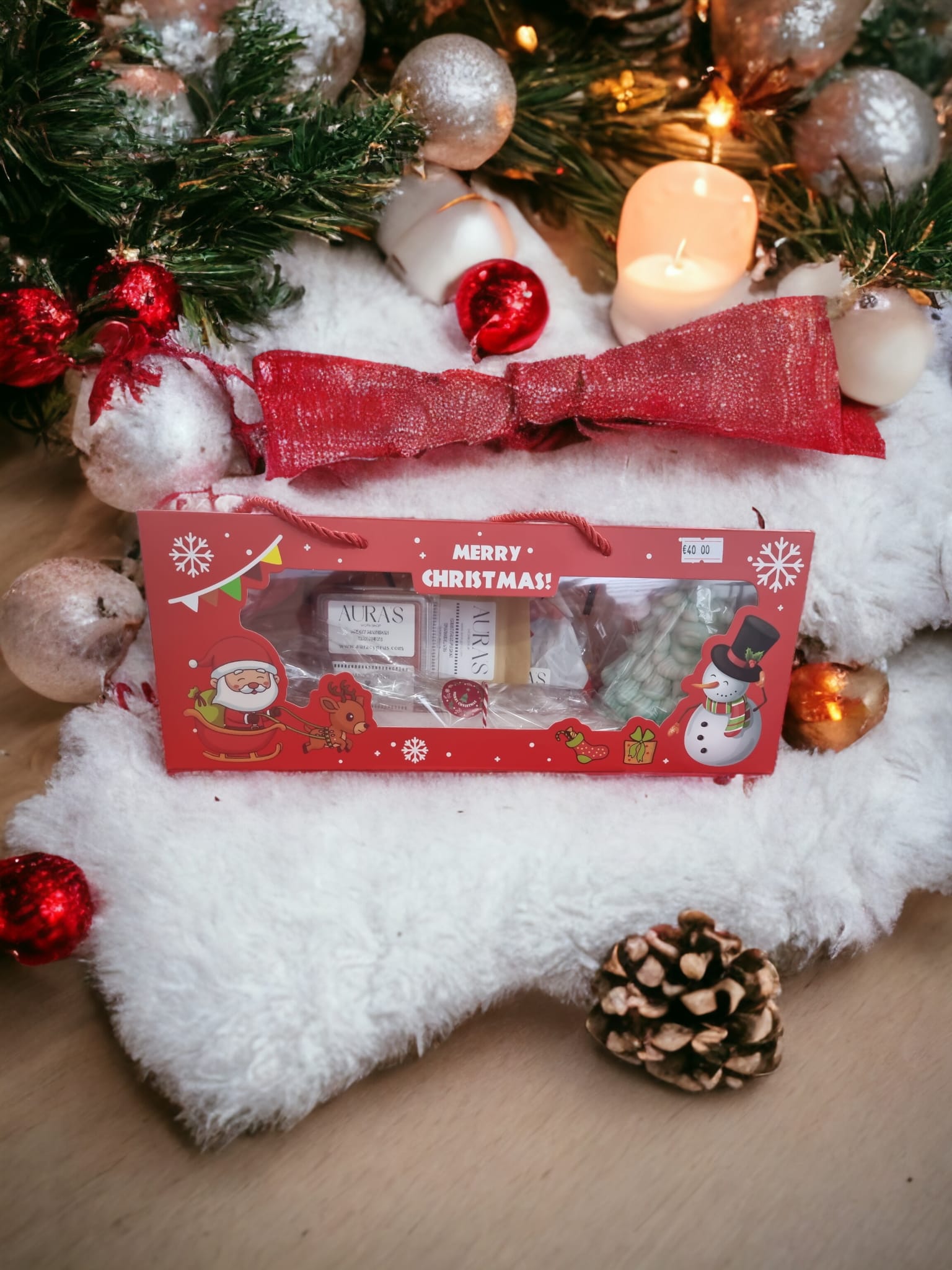 Seasonal Elegance Christmas Large Box filled with scented candles, bath salts, artisanal soaps, and decorative elements for a festive holiday experience.