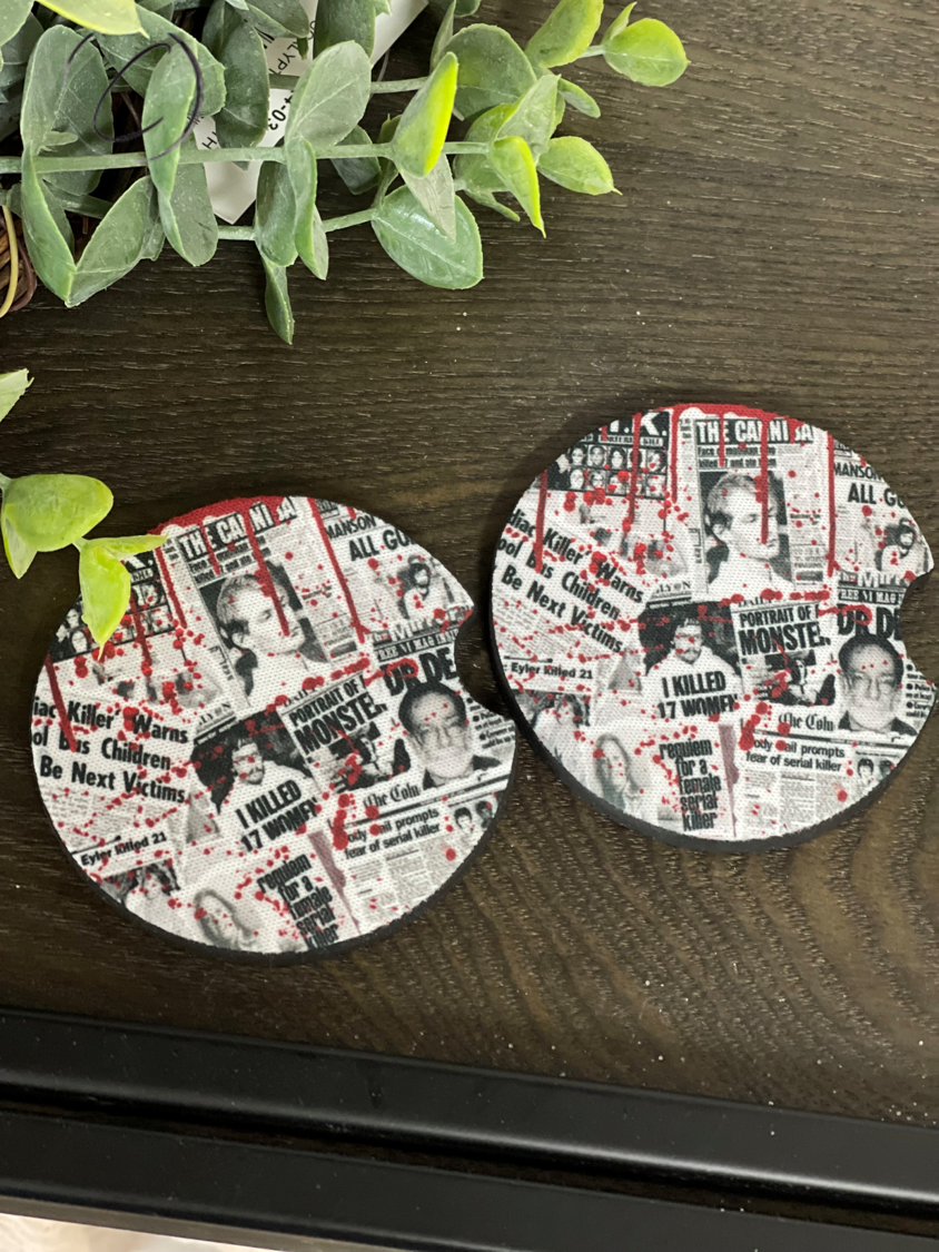 A set of four Serial Killer Newspaper coasters featuring unique true crime designs, made of durable neoprene material.