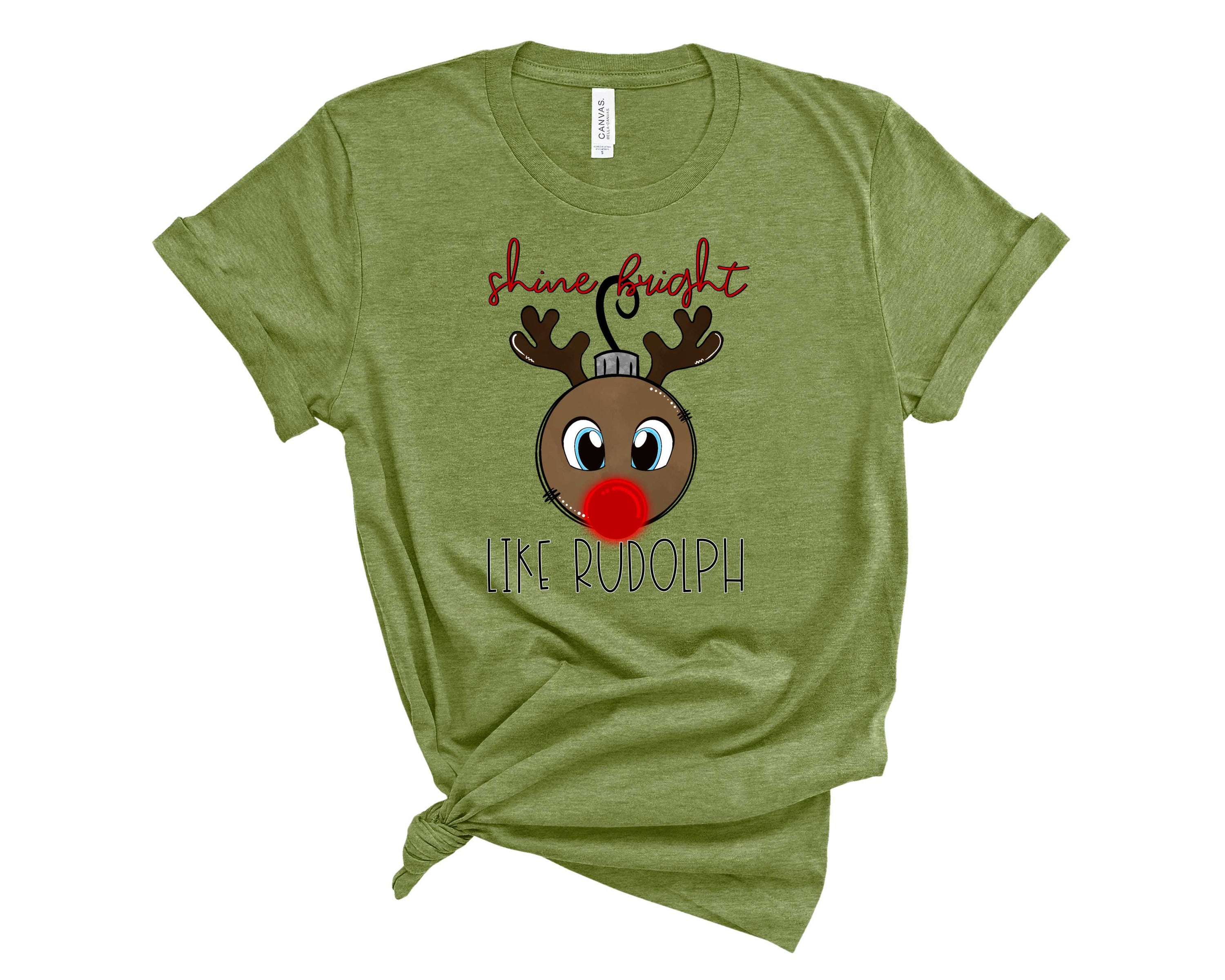 Unisex 'Shine Bright like Rudolph' graphic tee featuring a festive Rudolph design, perfect for holiday celebrations.