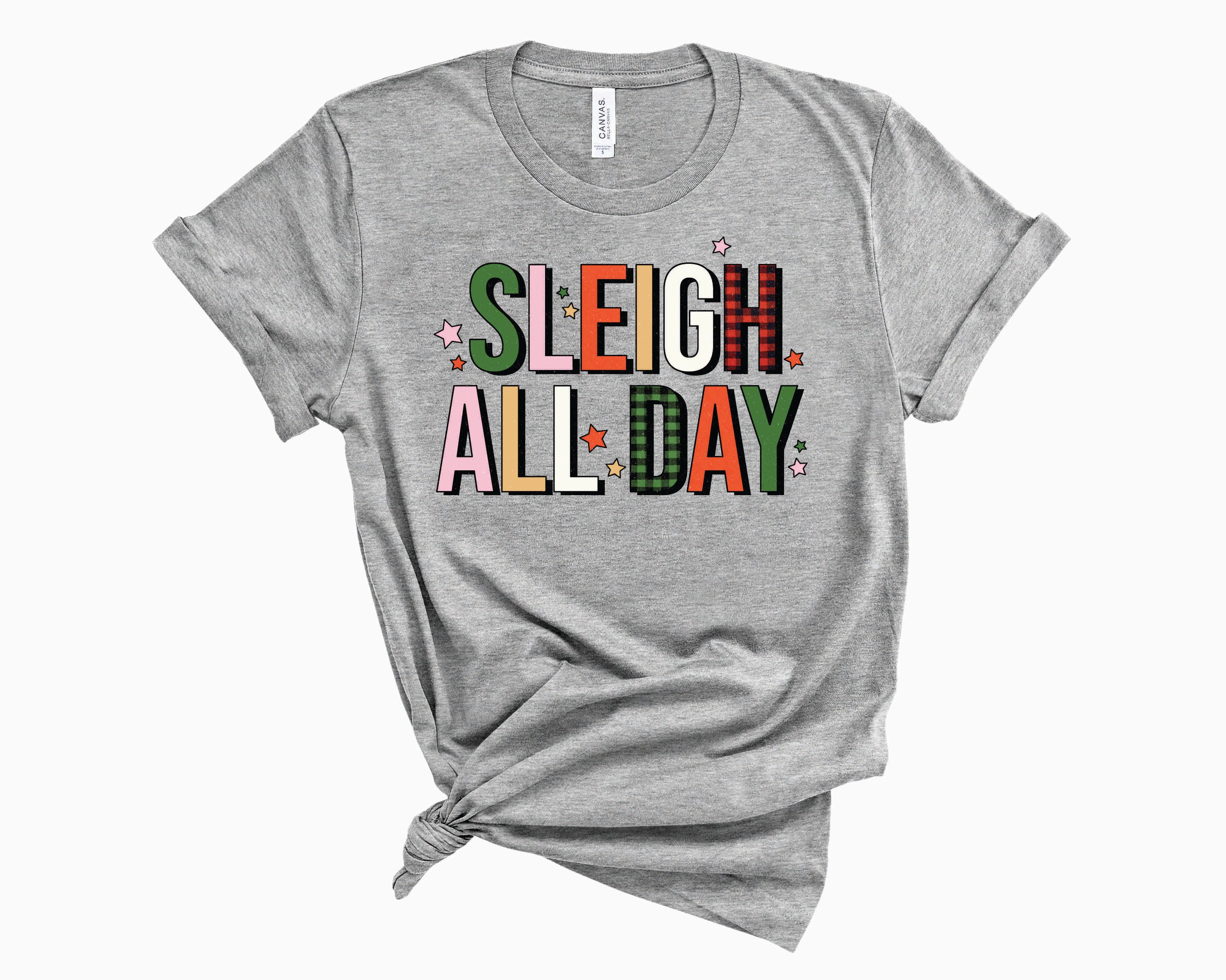 Sleigh All Day Plaid Graphic Tee featuring a festive plaid design, perfect for holiday celebrations, displayed on a neutral background.