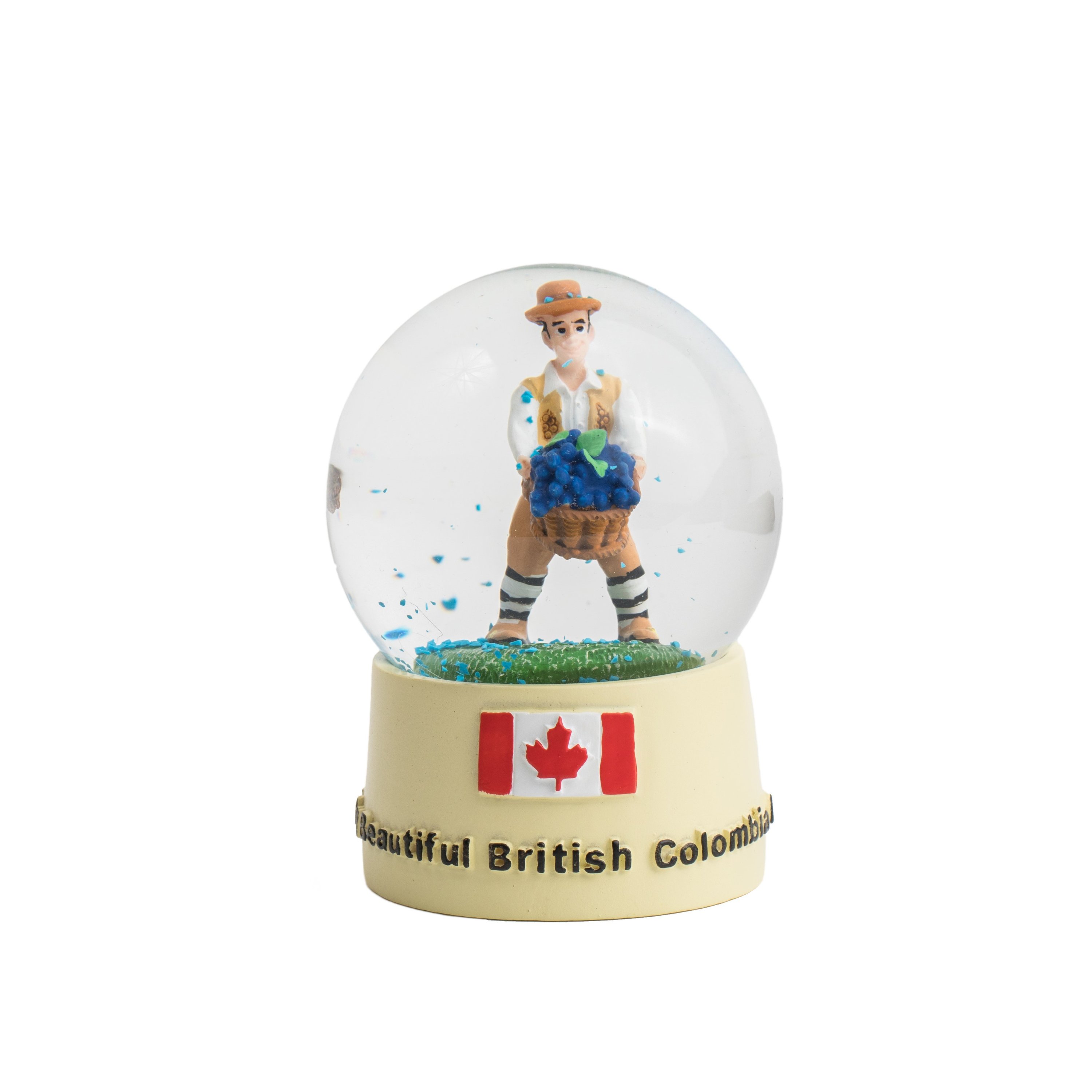 A beautifully crafted snow globe featuring a farmer figurine with a grape harvest basket, surrounded by blue snowflakes and the Canadian flag.