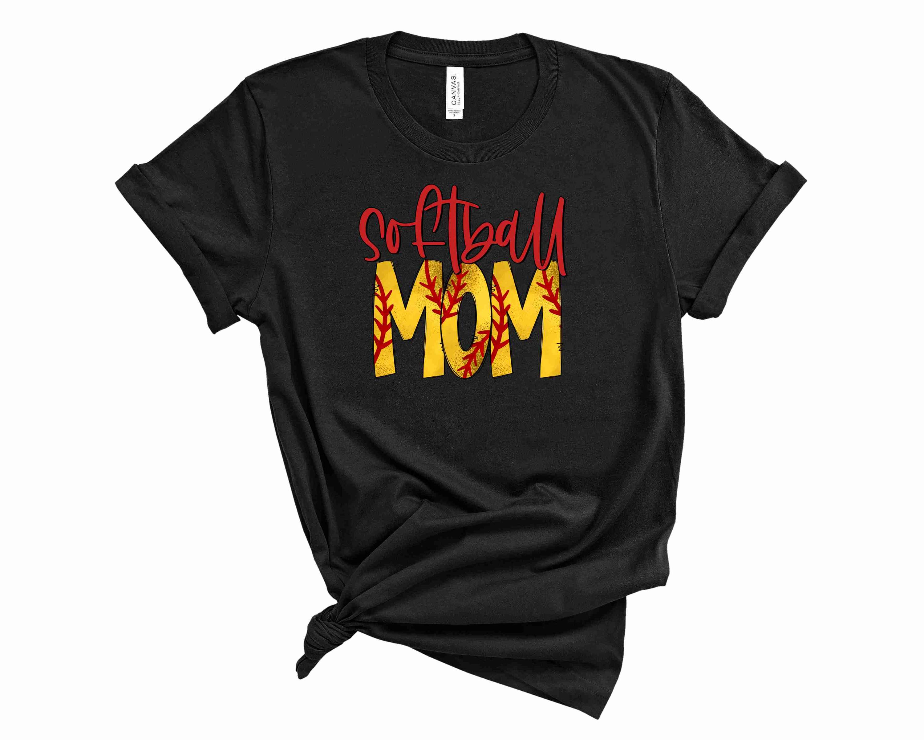 A stylish unisex Softball Mom graphic tee featuring vibrant colors and a bold design, perfect for game day.