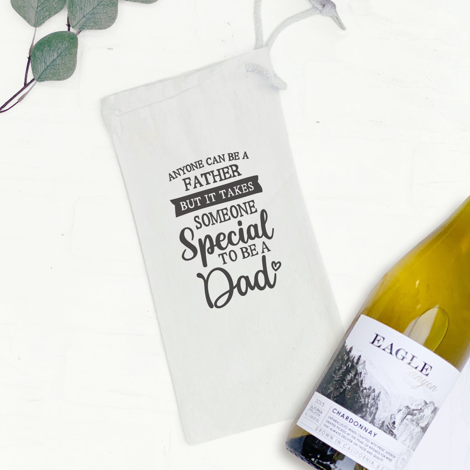 Someone Special Dad Canvas Wine Bag with drawstring closure, designed for 750mL wine bottles.