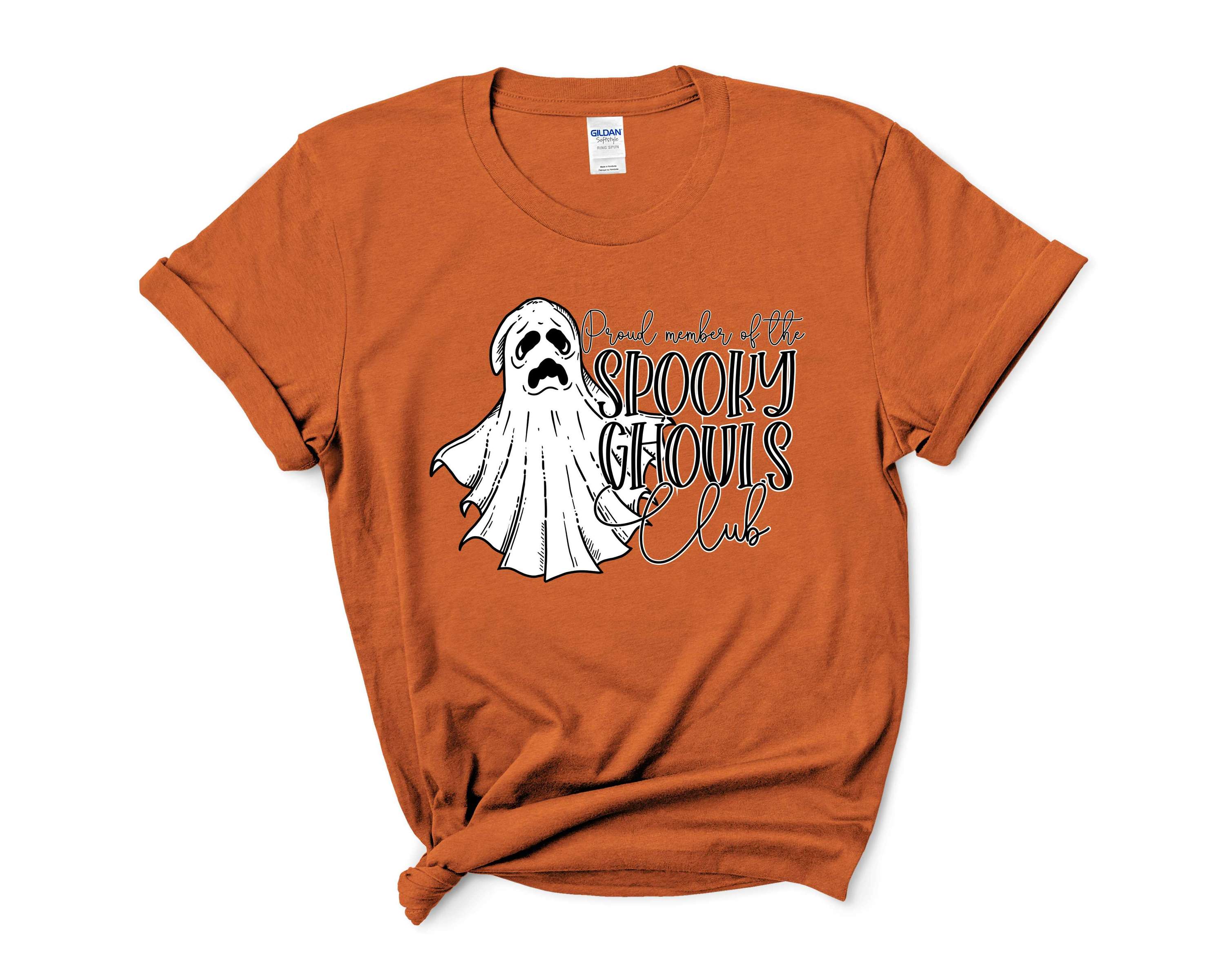 A stylish unisex graphic tee featuring the Spooky Ghouls Club logo, perfect for Halloween celebrations.