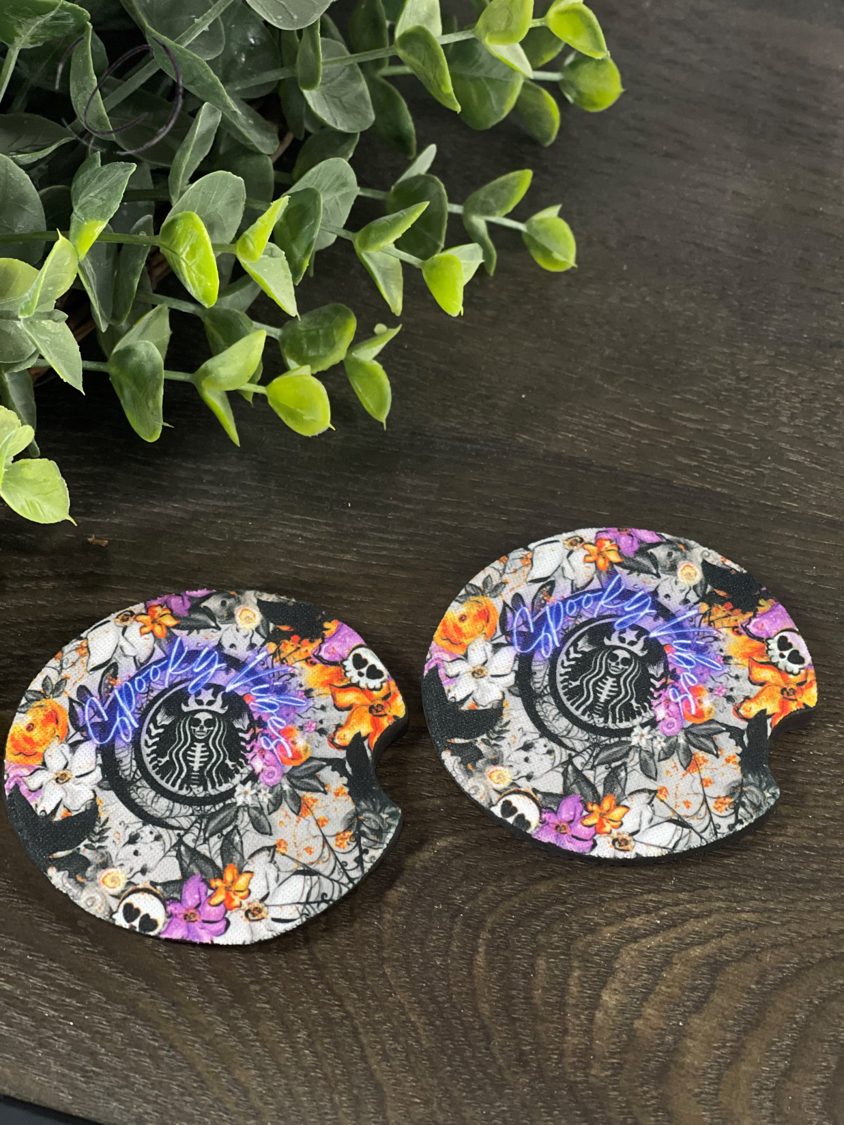 Spooky Vibes Car Coaster Set featuring a unique Halloween design, made of durable neoprene material, perfect for car cup holders.
