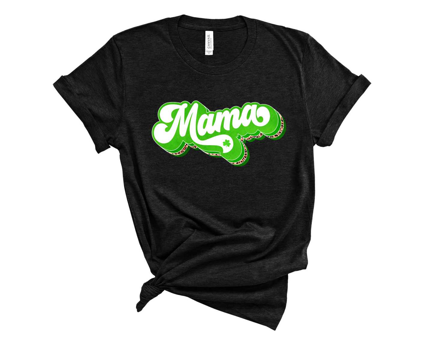 St Patricks Mama Leopard Retro Graphic Tee featuring a stylish leopard print design, perfect for St. Patrick's Day celebrations.