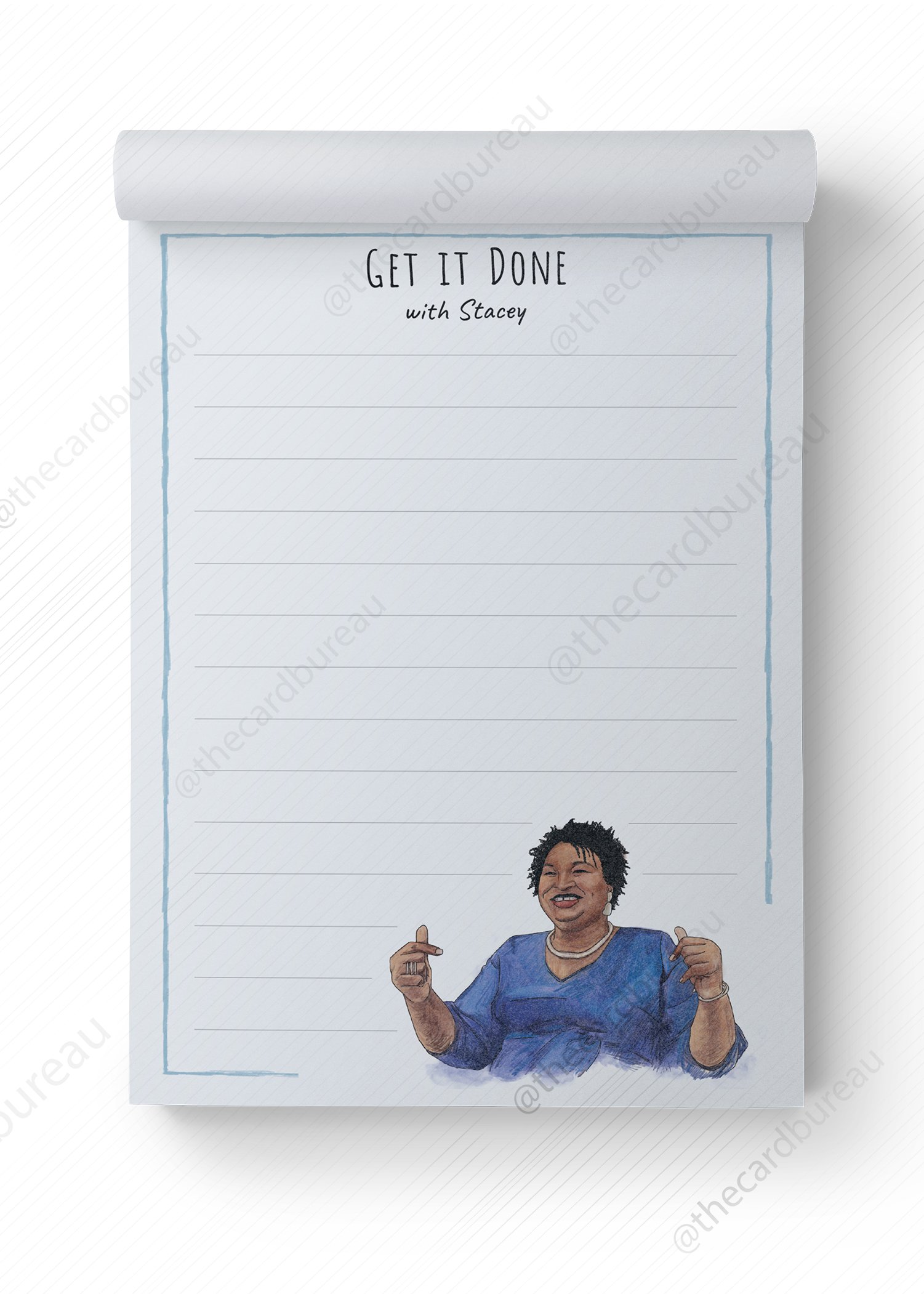 Stacey Abrams Get it Done Notepad featuring a motivational design, 5x7 inches, with 50 sheets for to-do lists.