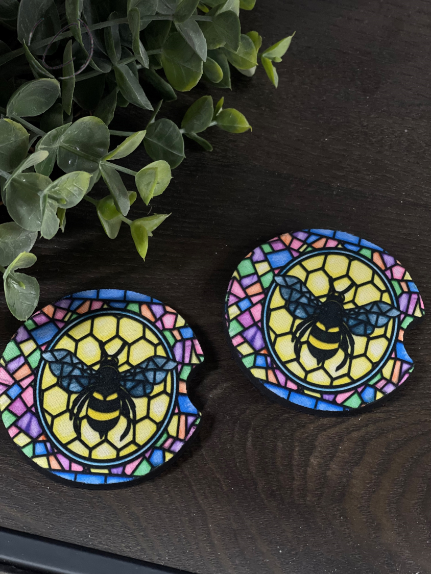 Stained Glass Bee Car Coaster Set featuring vibrant bee design on durable neoprene material.