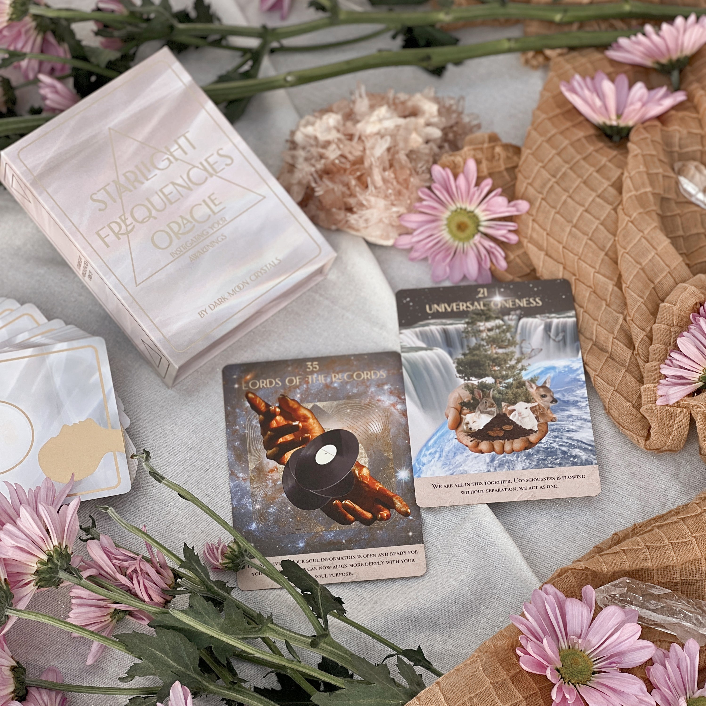 Starlight Frequencies Oracle Deck featuring 44 cards with gold foil accents and a velvet texture, displayed in a magnetic flip box.