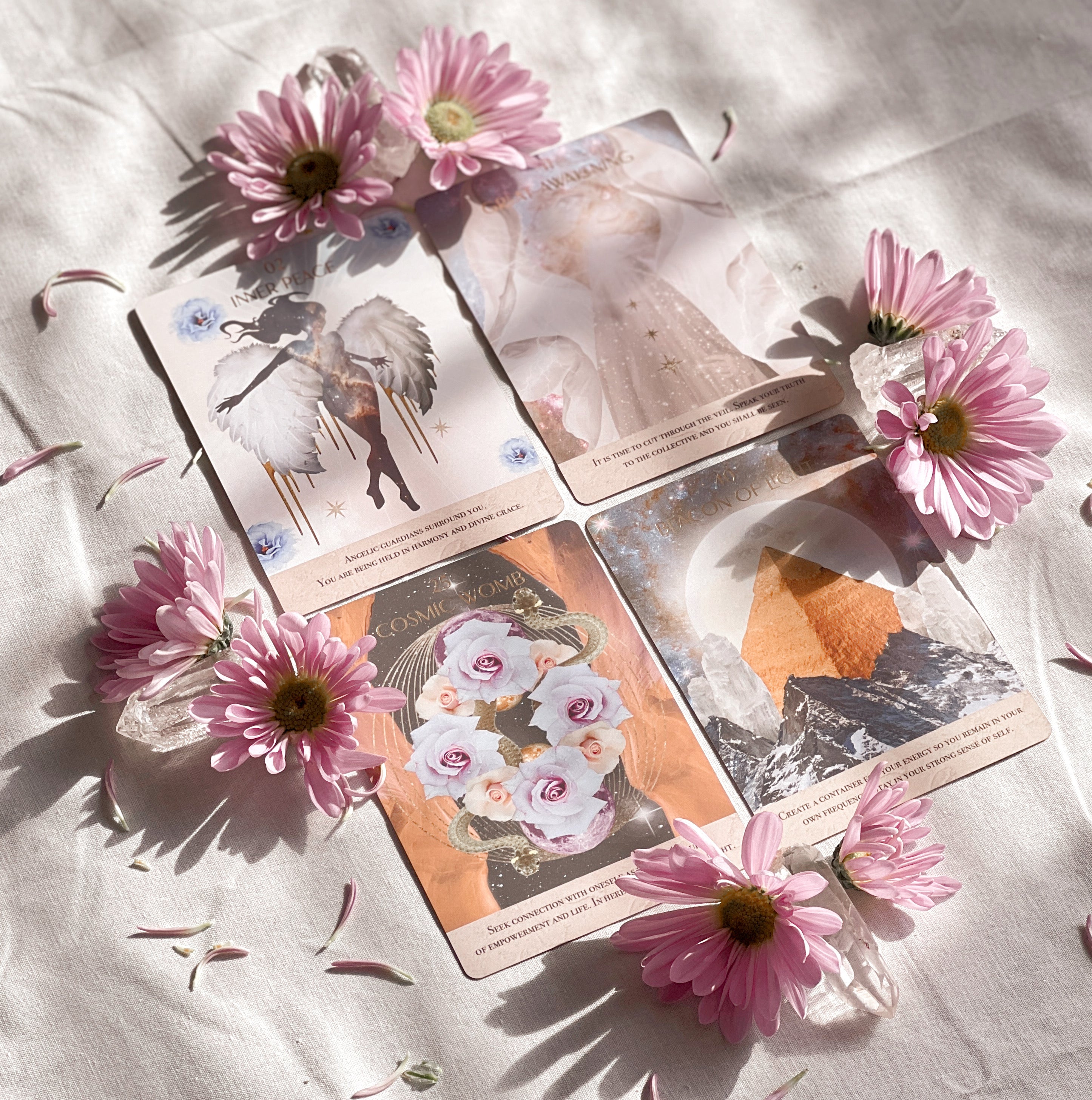 Starlight Frequencies Oracle Deck featuring 44 cards with gold foil accents and a velvet texture, displayed in a magnetic flip box.