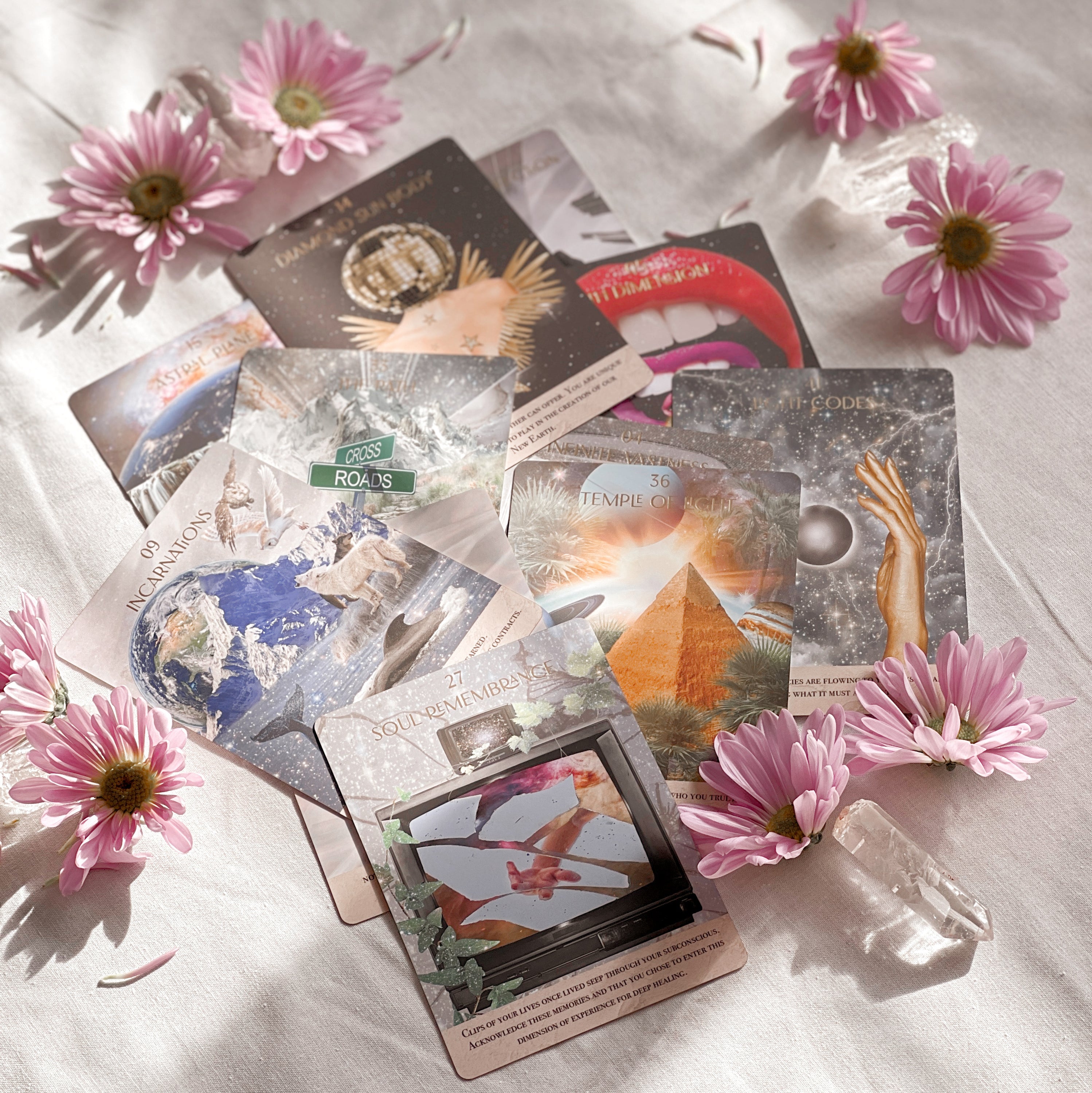 Starlight Frequencies Oracle Deck featuring 44 cards with gold foil accents and a velvet texture, displayed in a magnetic flip box.