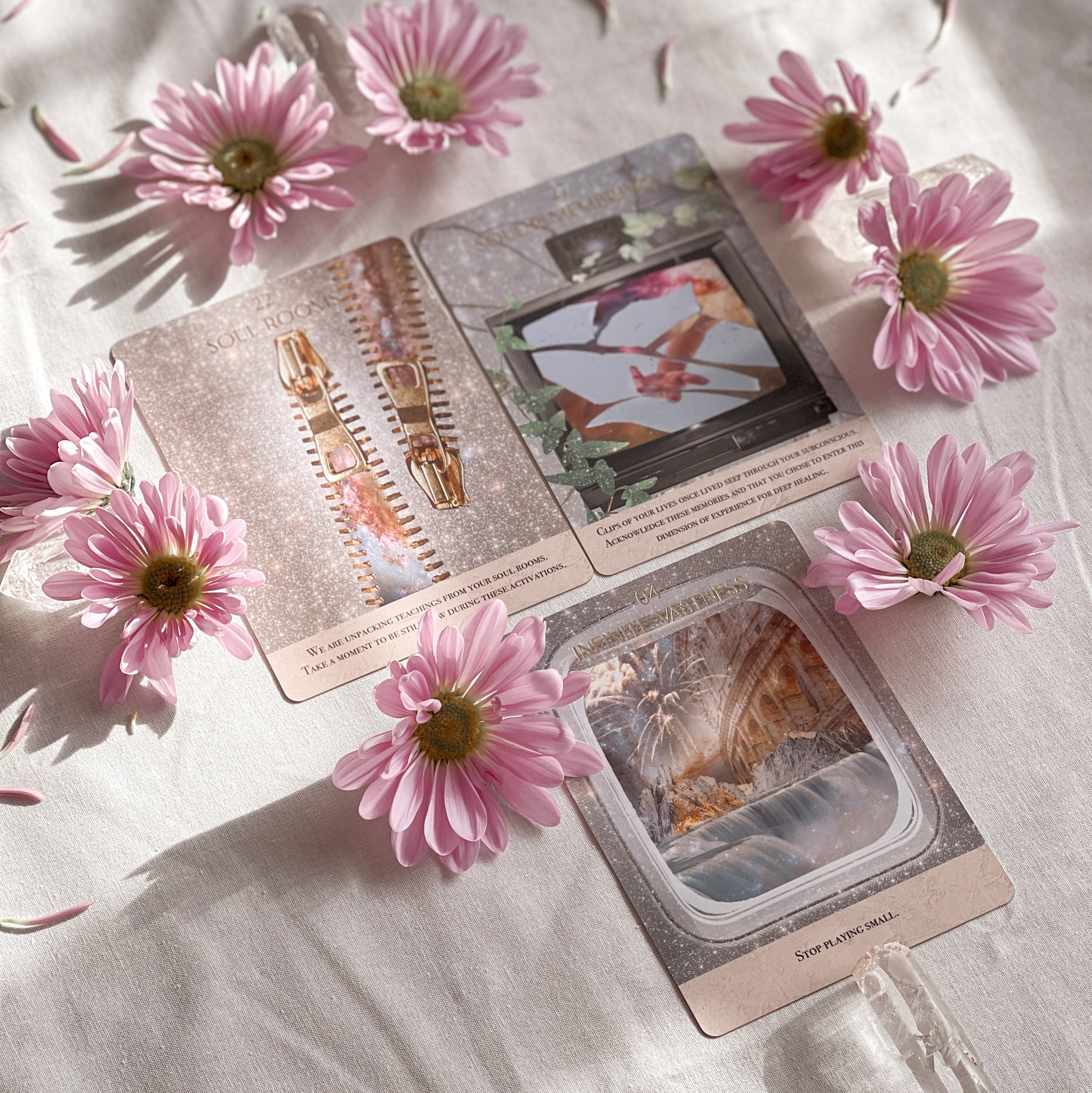 Starlight Frequencies Oracle Deck featuring 44 cards with gold foil accents and a velvet texture, displayed in a magnetic flip box.