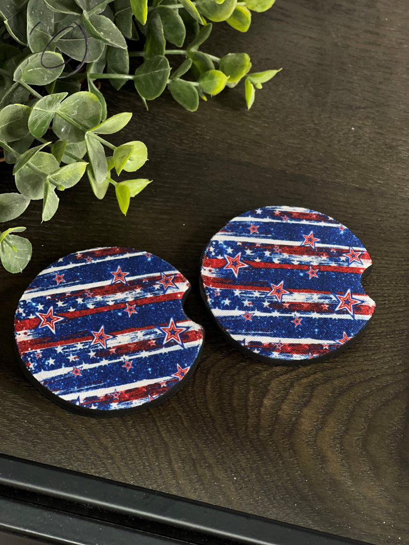 Stars & Stripes car coaster set featuring a vibrant patriotic design, made of durable neoprene material, perfect for cup holders.