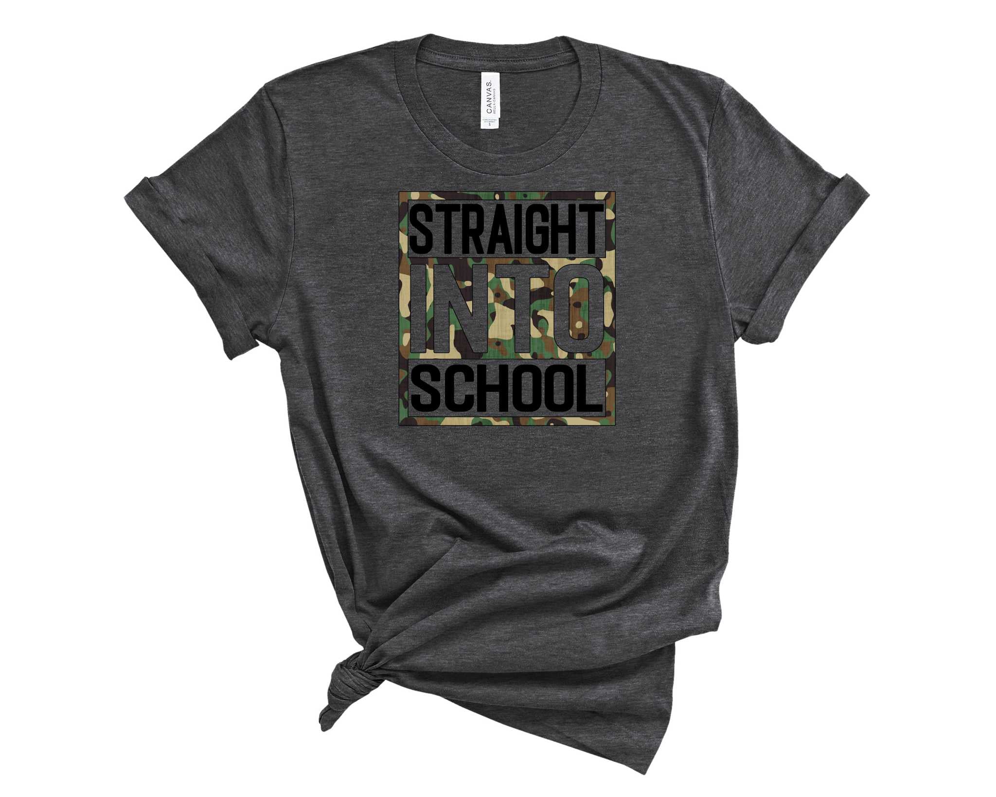 Unisex Straight Into School Camo Graphic Tee featuring a stylish camo design, perfect for school and casual wear.