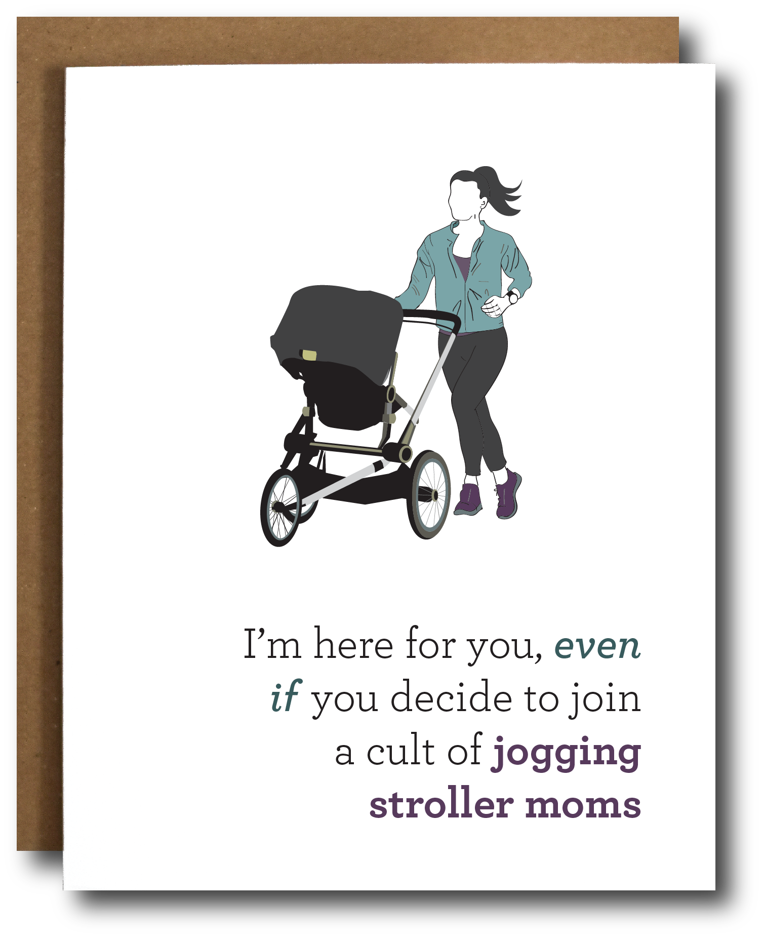 Stroller Runner Mom Baby Card with Kraft envelope, featuring a congratulatory message for new moms who run.