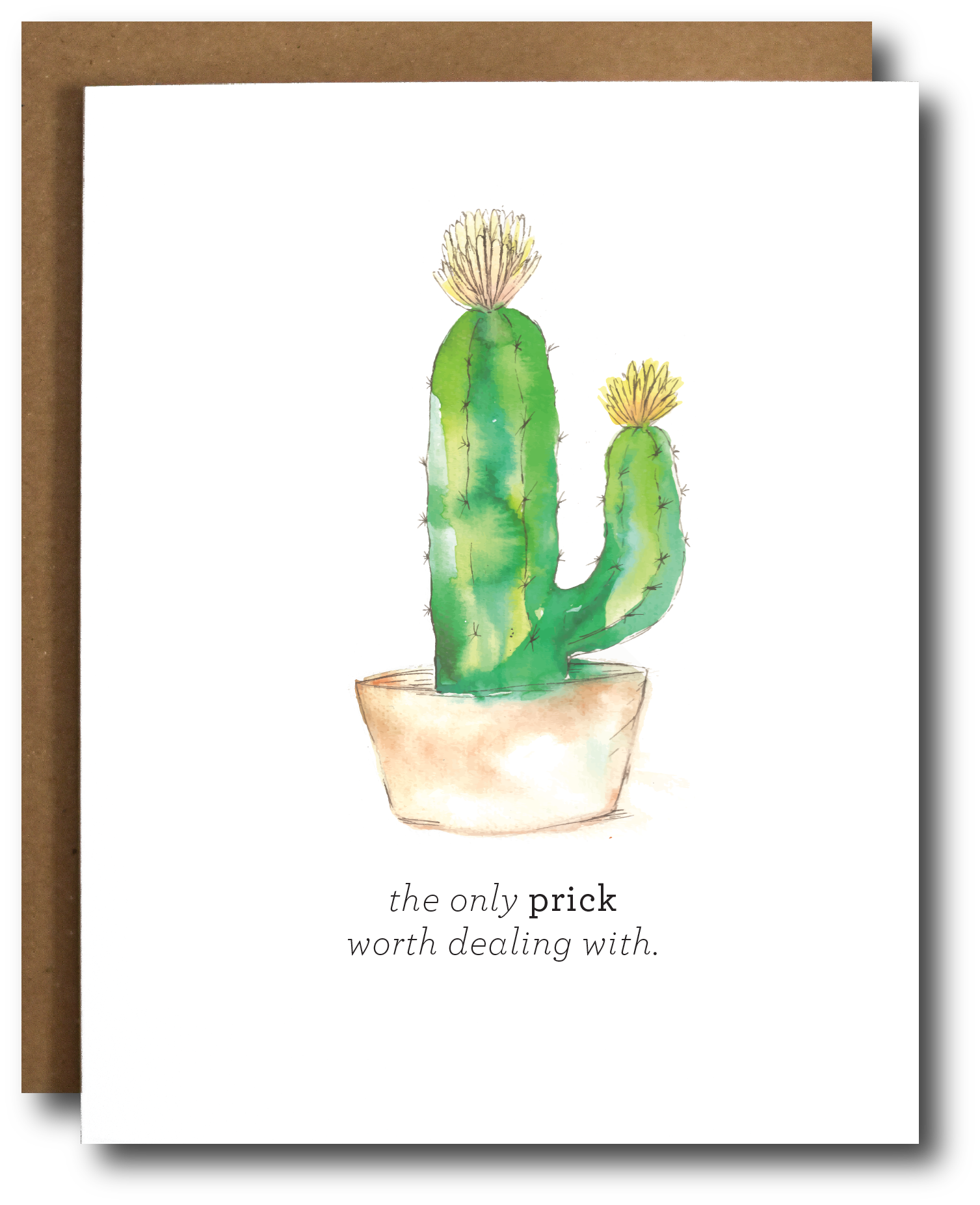 A charming Succulent Card featuring a delightful mini cacti design, blank inside, with a kraft envelope and sleeve.
