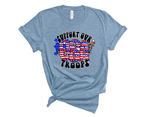A unisex graphic tee featuring the phrase 'Support Our Troops' in bold print, showcasing a patriotic design.