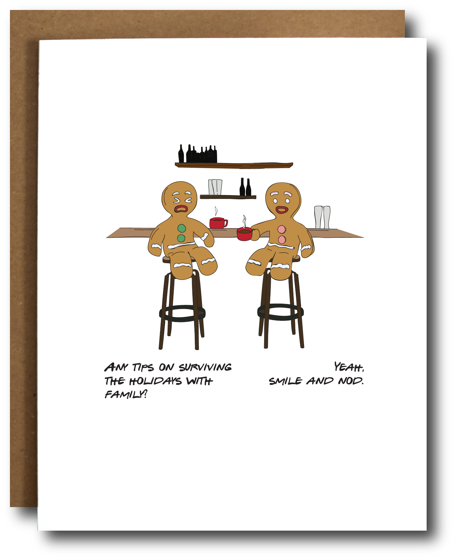 A collection of Surviving Holidays with Family greeting cards in a Kraft envelope, showcasing their A2 size and blank interior.