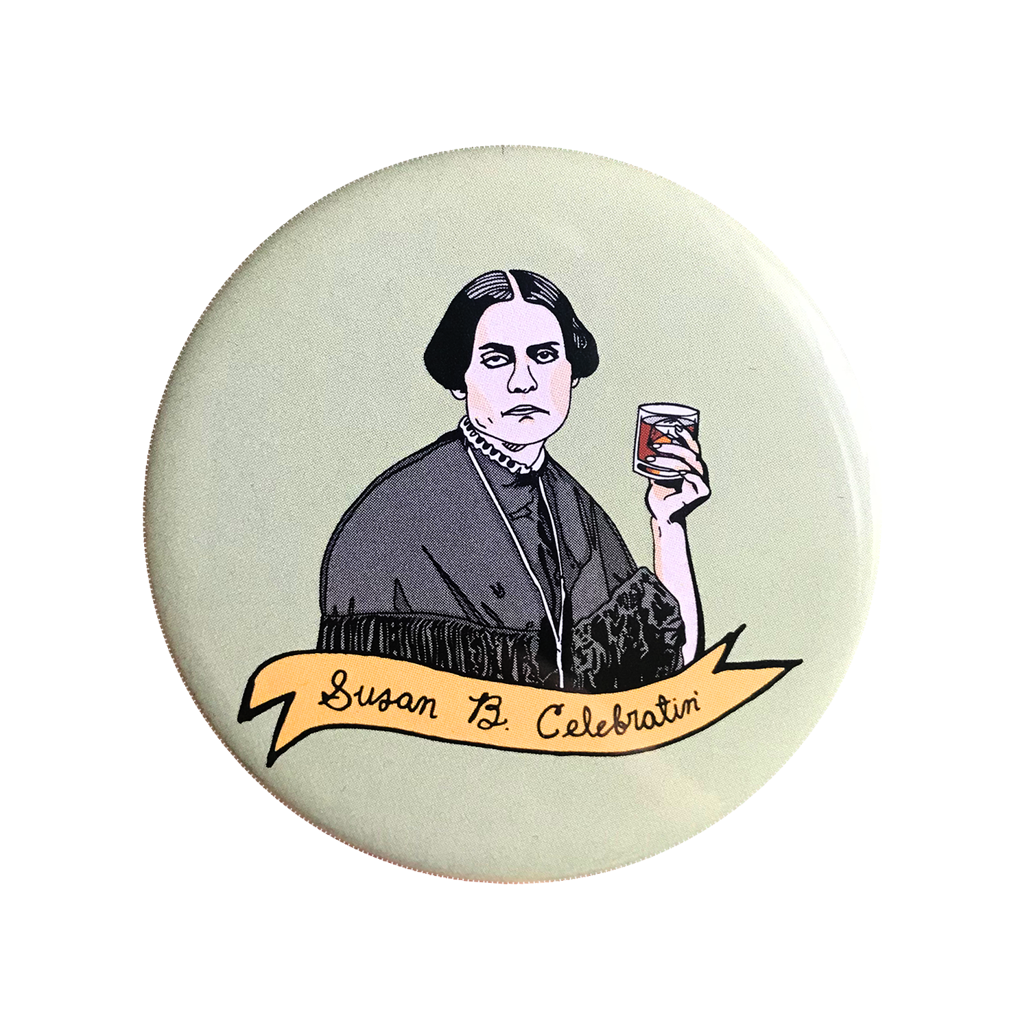 Susan B. Anthony inspired button, magnet, and magnetic bottle opener set, featuring vibrant designs celebrating women's rights.