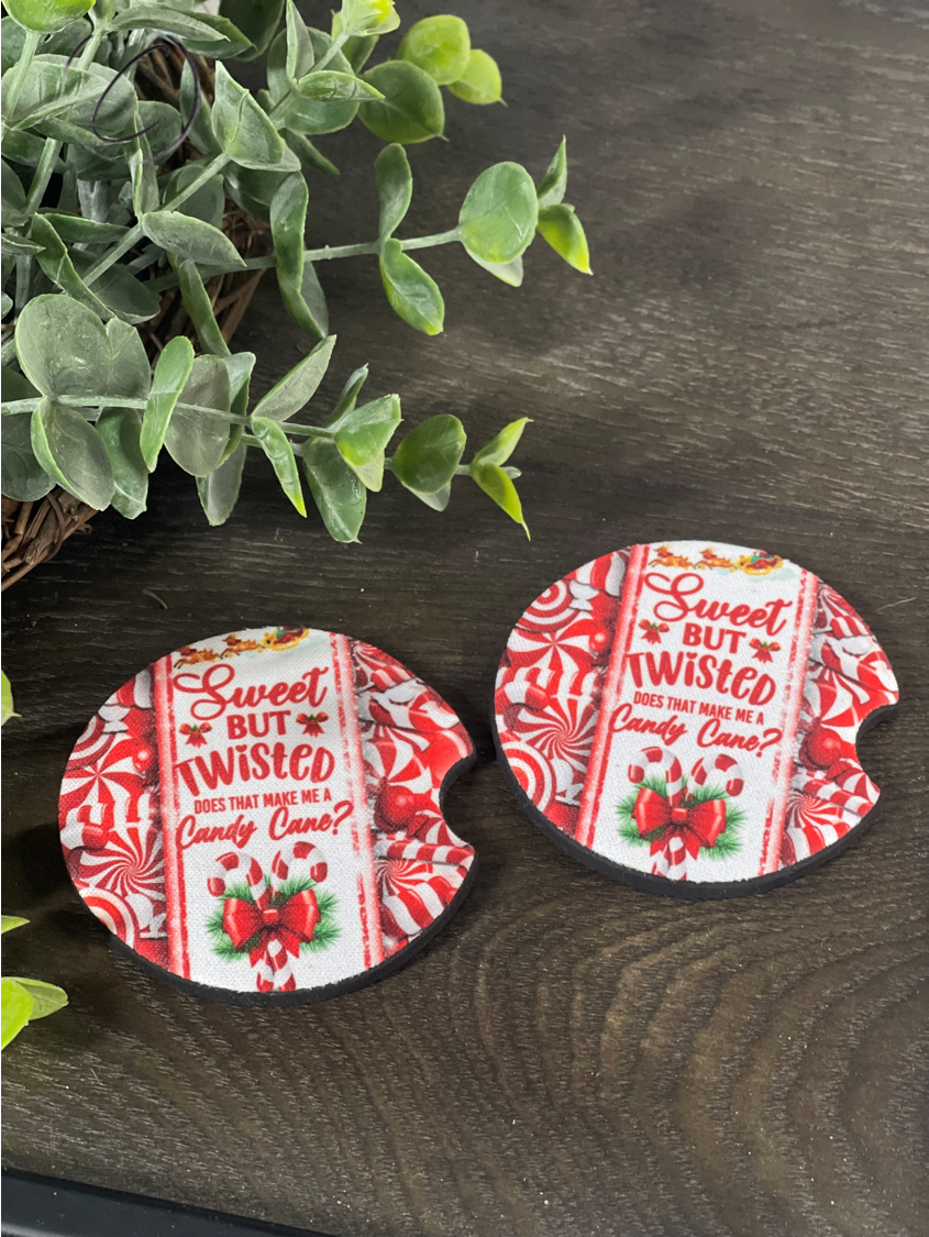 Sweet But Twisted Car Coaster Set featuring a vibrant design, made of durable neoprene, perfect for cup holders.