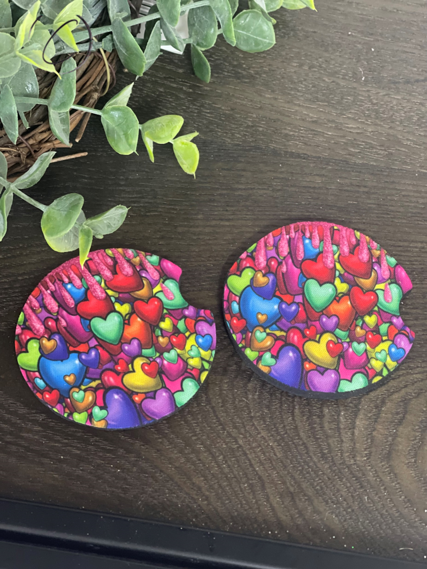 Sweet Hearts Coaster Set featuring a vibrant heart design, made of durable neoprene, perfect for car cup holders.