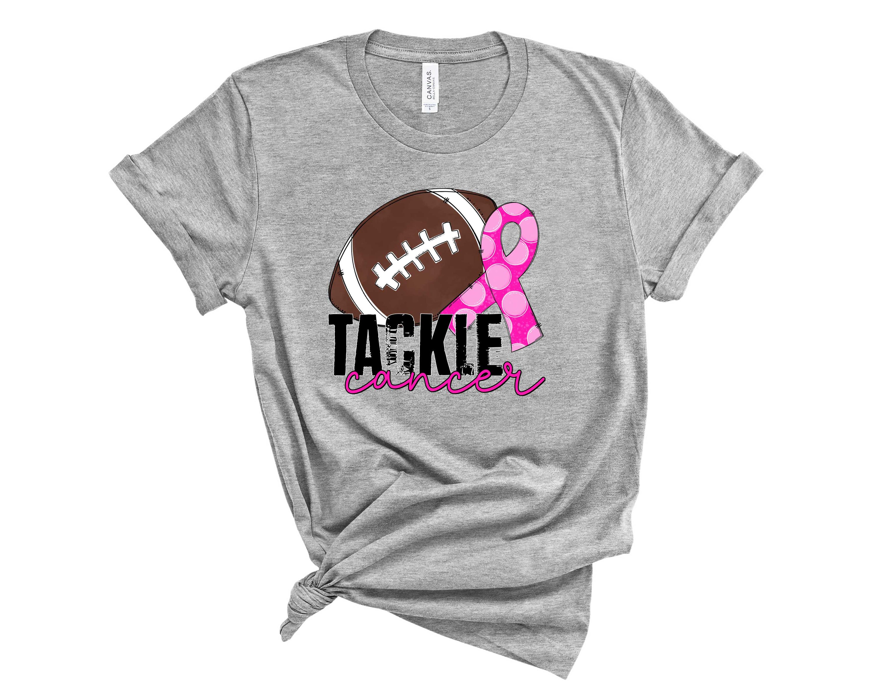 Unisex Tackle Cancer Football Graphic Tee featuring a bold cancer awareness design in vibrant colors.