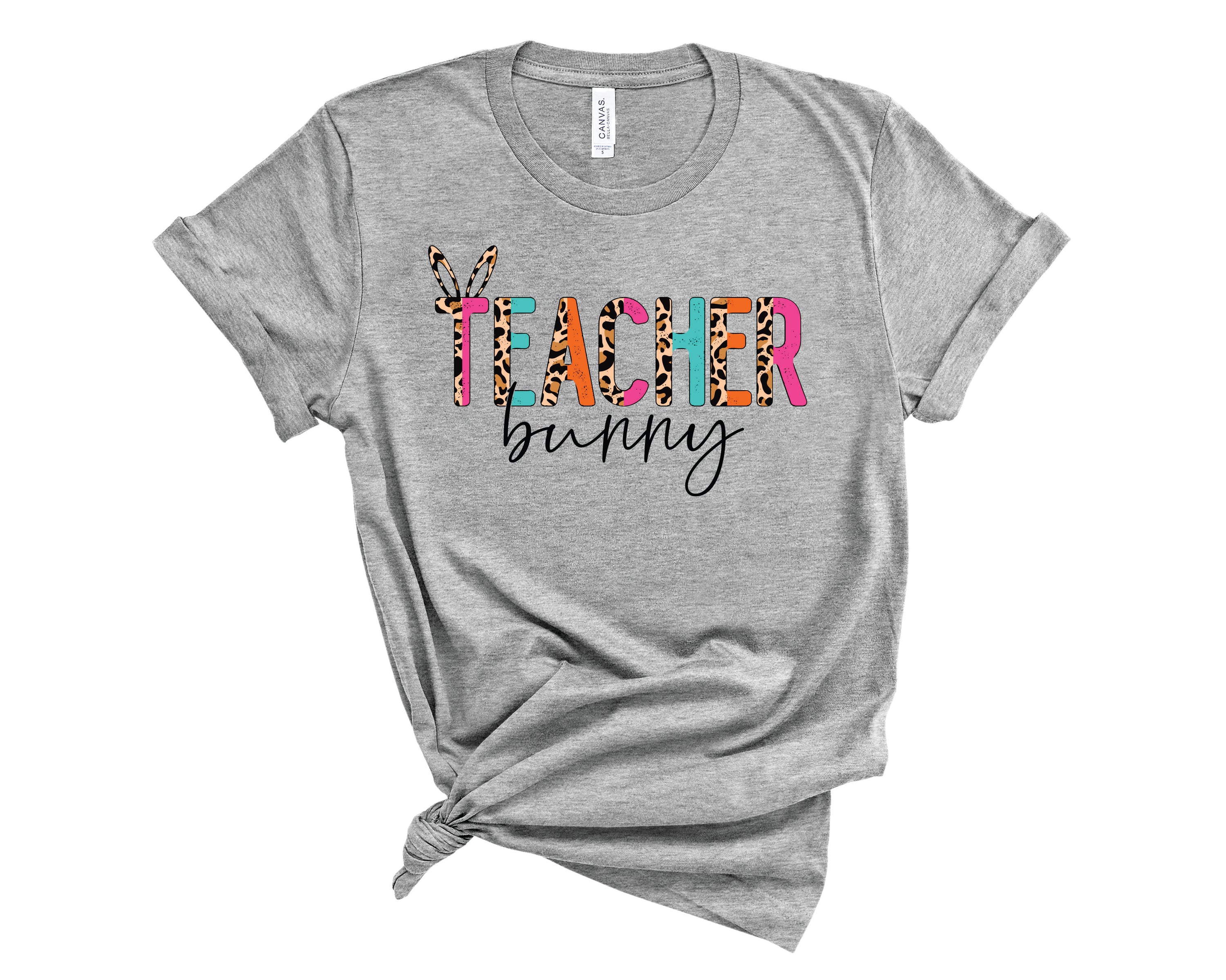 Teacher Bunny Half Leopard Bright Graphic Tee featuring a playful bunny design with half leopard print, perfect for teachers and casual wear.