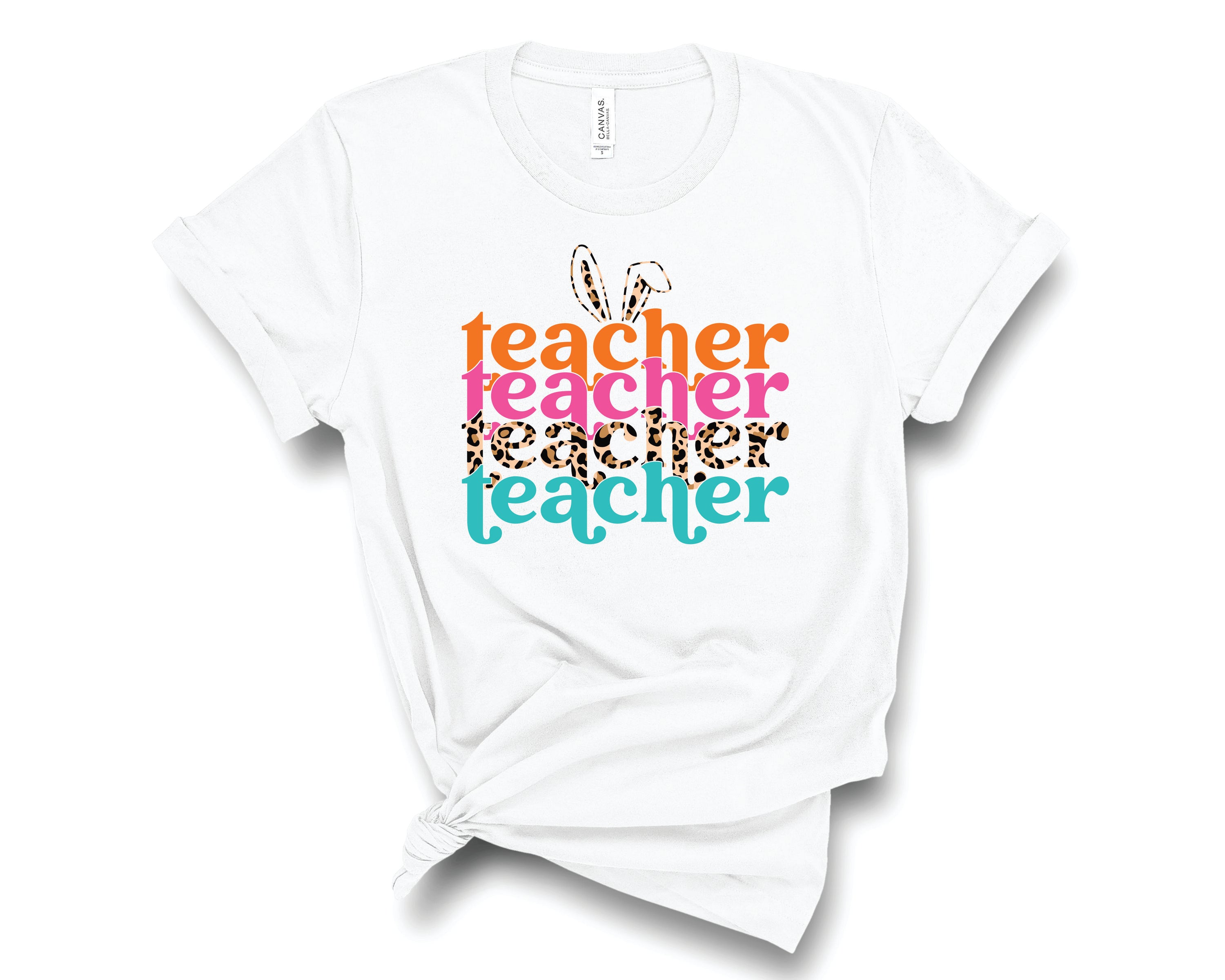 A vibrant unisex graphic tee featuring a stacked Easter design, perfect for teachers celebrating the holiday.