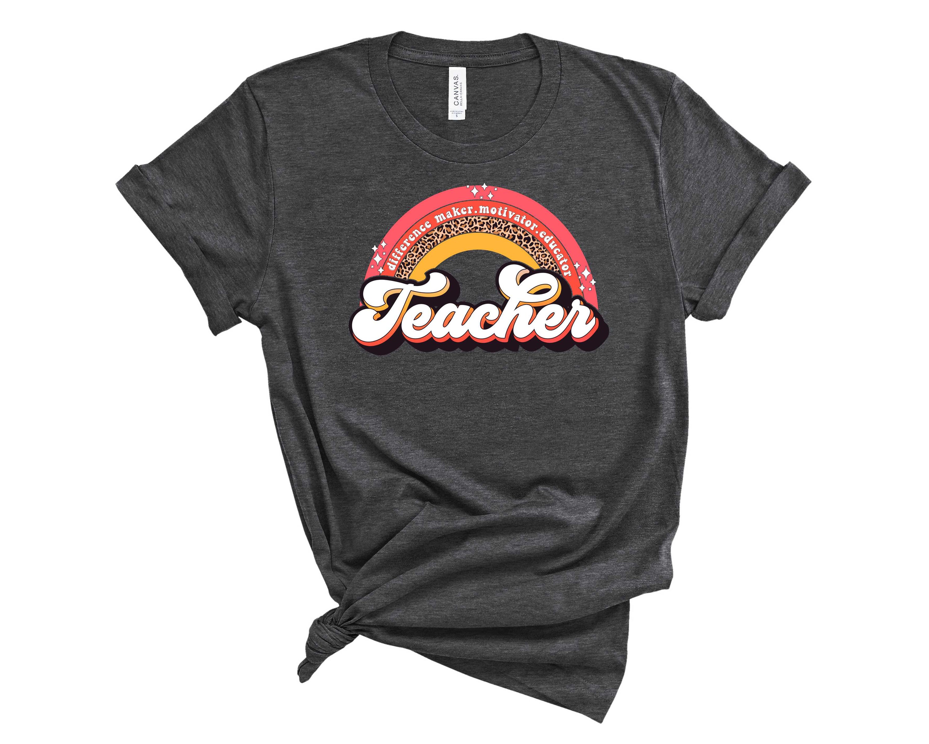 Teacher Leopard Rainbow Retro Graphic Tee featuring a vibrant leopard print and rainbow design, perfect for educators.